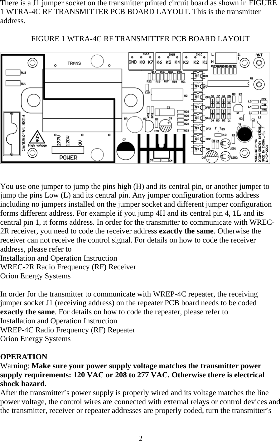 Orion Energy Systems WTRA4CTX Radio Frequency (RF) Transmitter User