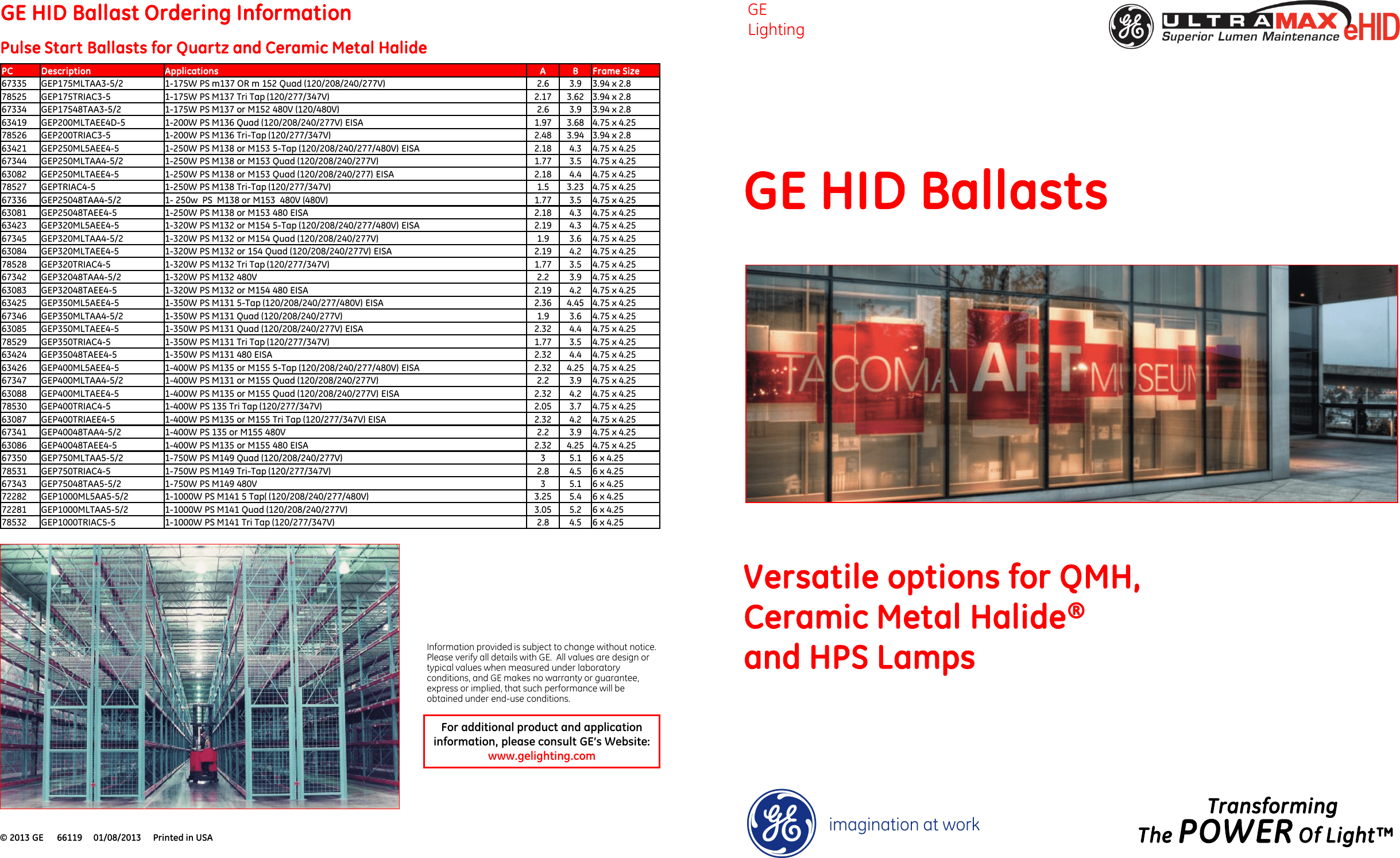 GE HID Ballasts For QMH, Ceramic Metal Halide® & HPS Lamps Lighting 167300 Catalog