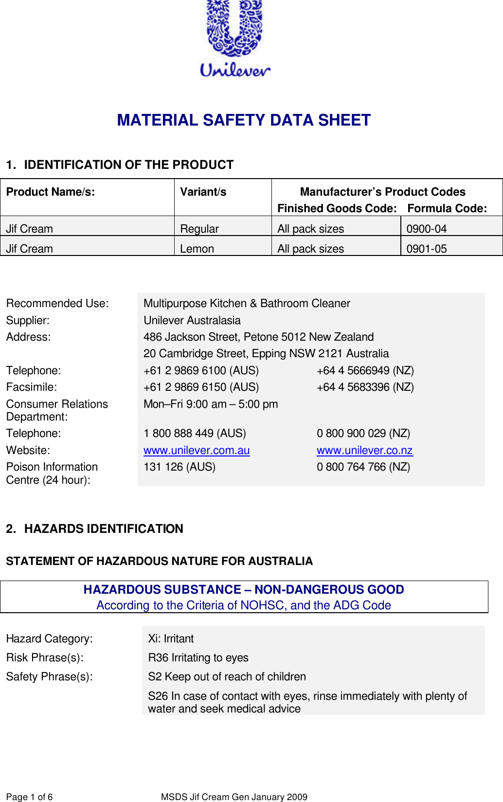 MSDS Jif Cream Gen January 2009 716052B