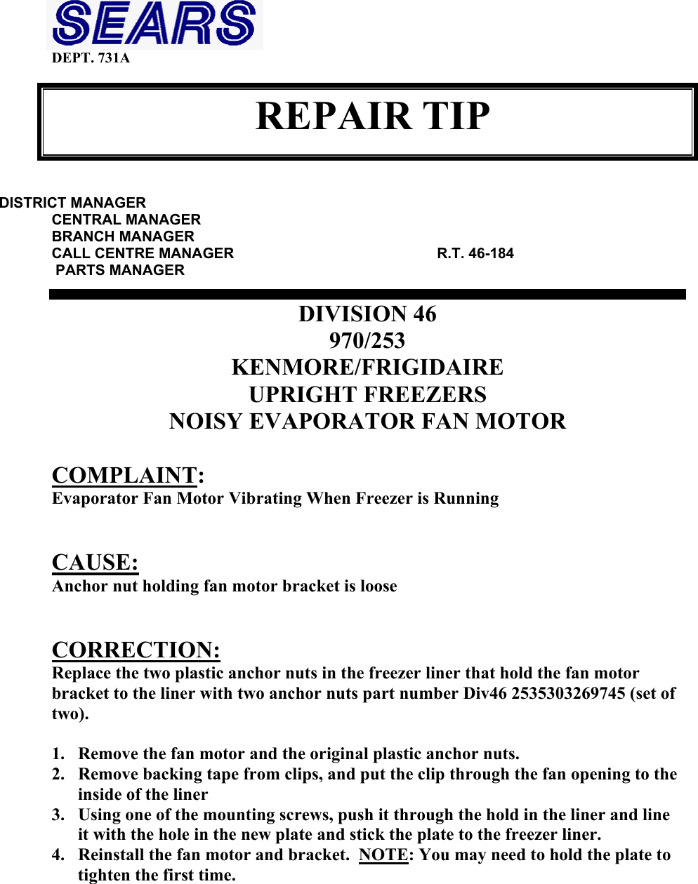 RT46184 SEARS Upright Freezers All S