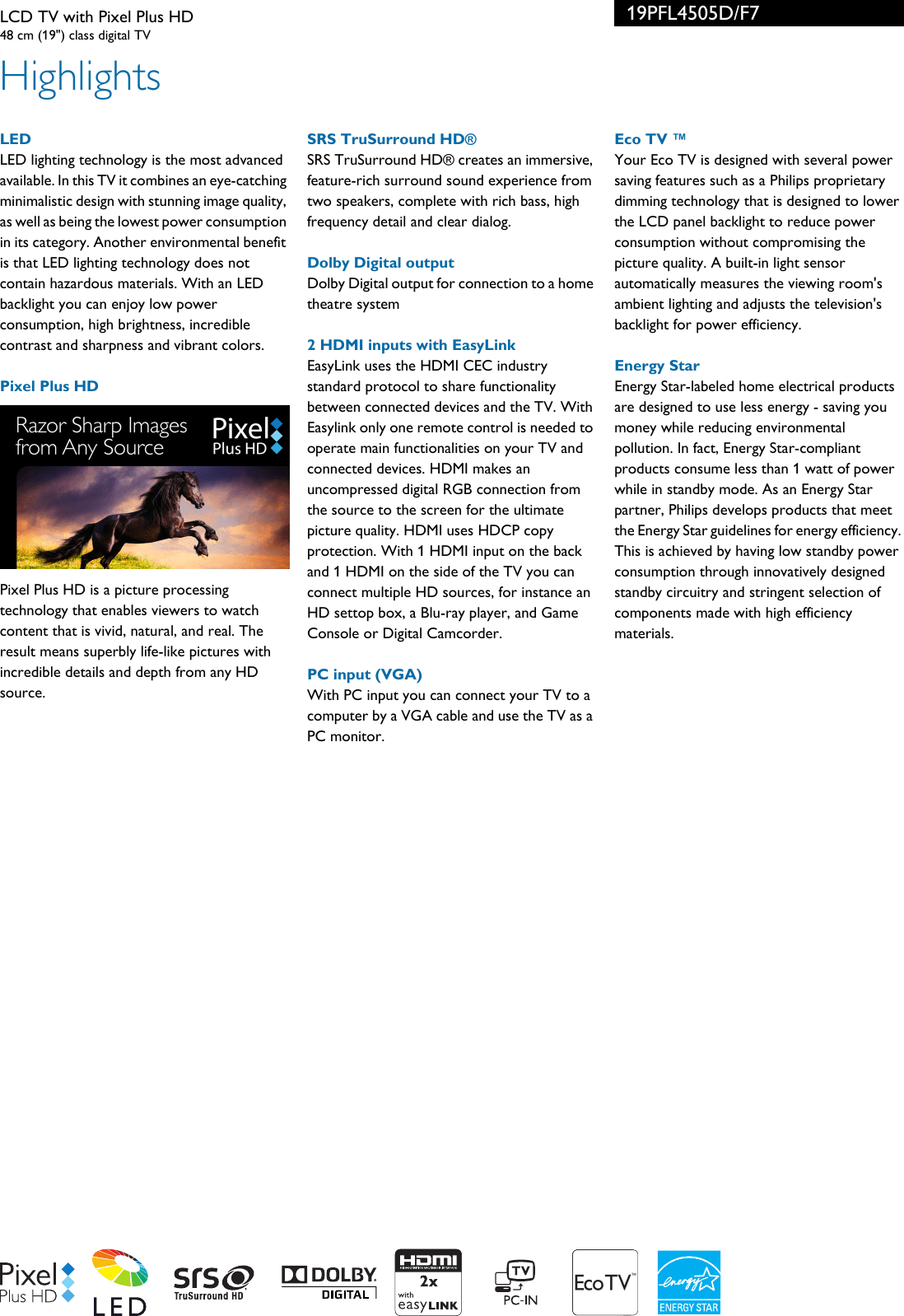 Philips 19PFL4505D/F7 LCD TV With Pixel Plus HD User Manual Leaflet