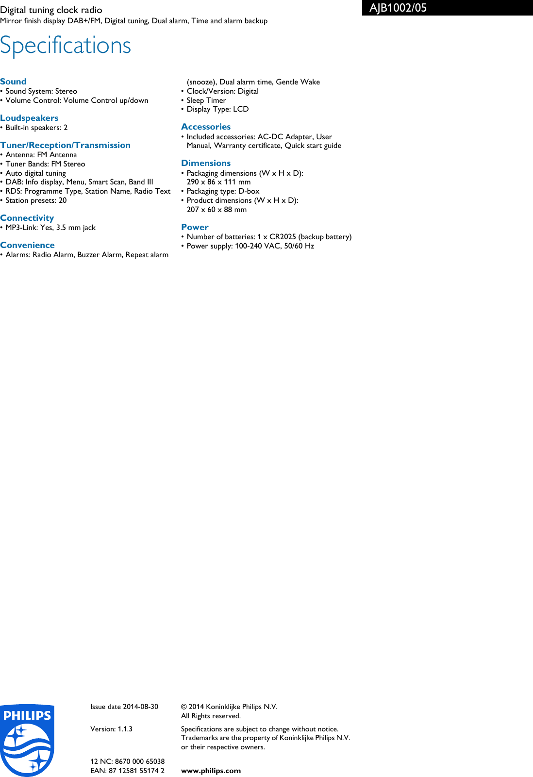 Philips AJB1002/05 Digital Tuning Clock Radio User Manual Leaflet