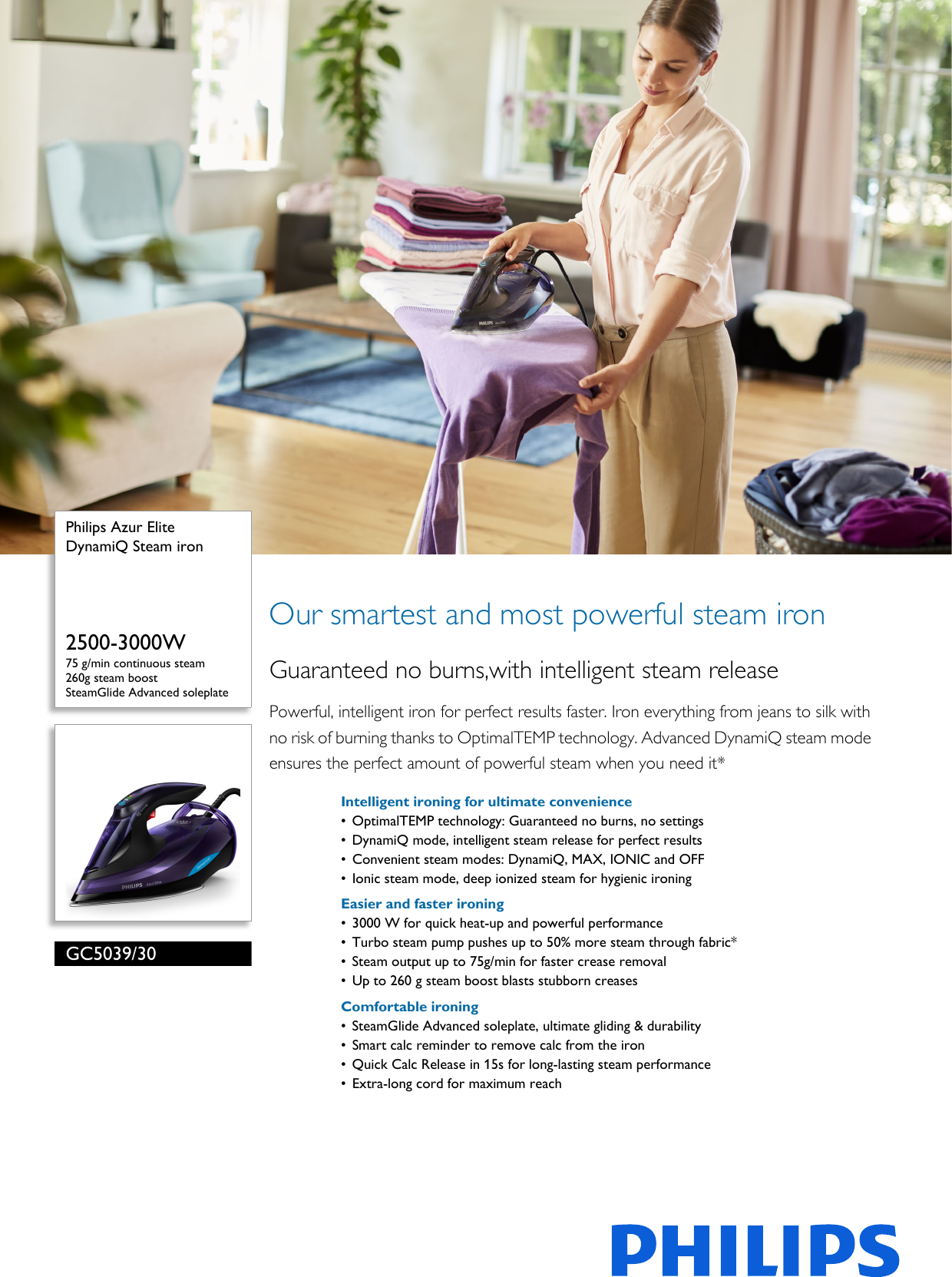 Philips GC5039/30 DynamiQ Steam Iron User Manual Leaflet Gc5039 30 Pss