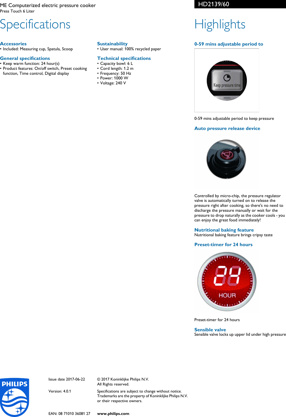 Philips HD2139/62 HD2139/60 ME Computerized Electric Pressure Cooker