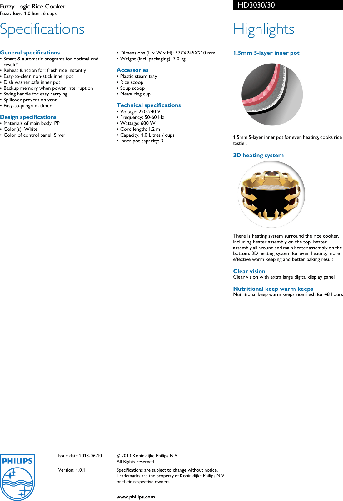 Philips HD3030/30 Fuzzy Logic Rice Cooker User Manual Leaflet Hd3030 30 Pss Aenid