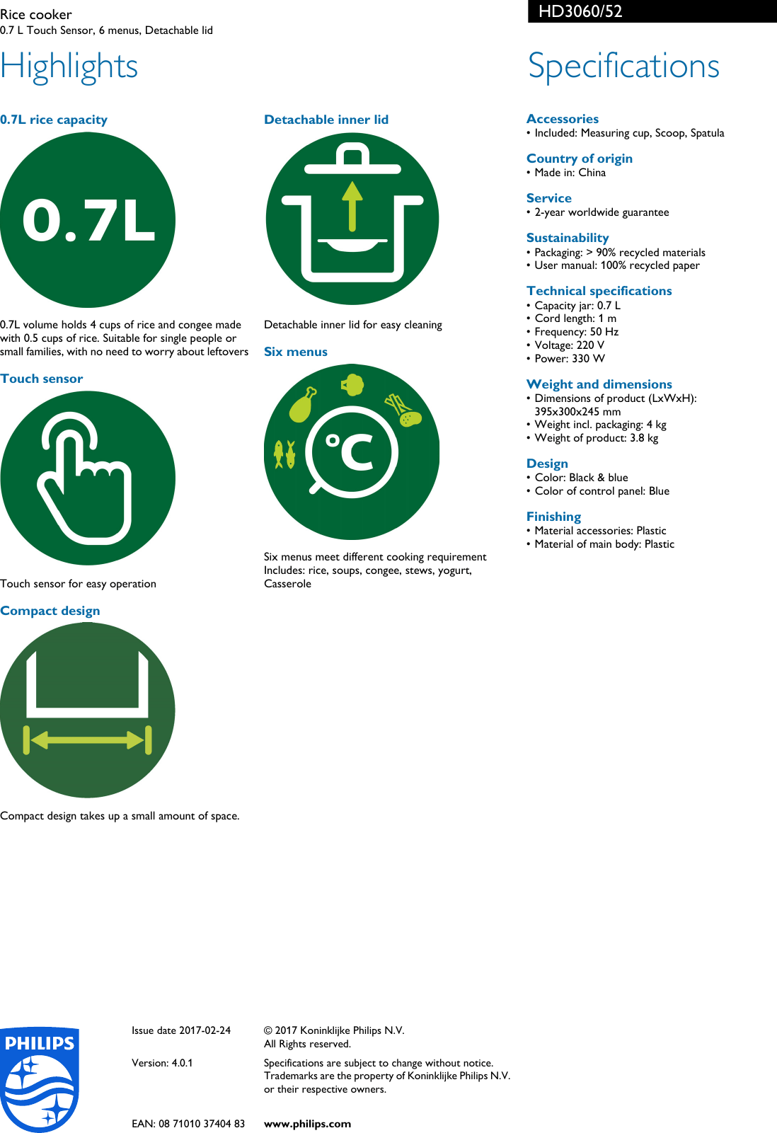 Philips HD3060/52 Rice Cooker User Manual Leaflet Hd3060 52 Pss Aenhk
