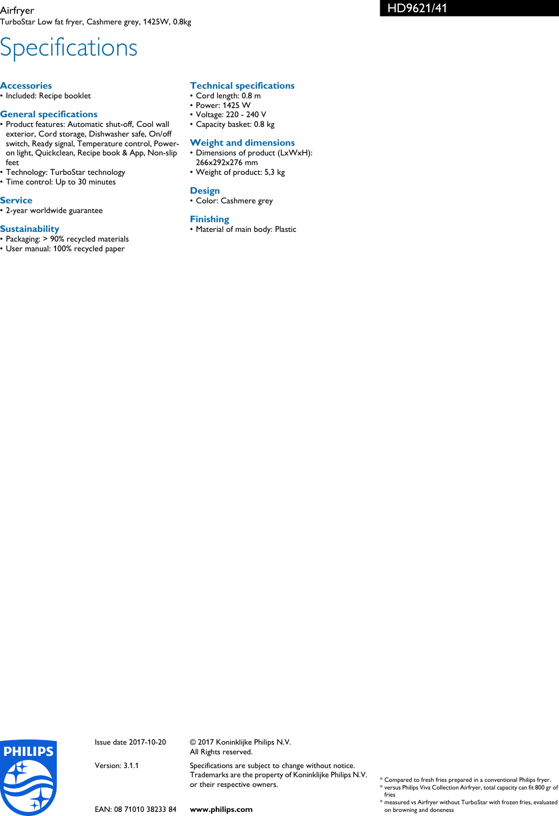 Philips HD9621/41 Airfryer User Manual Leaflet Hd9621 41 Pss Engau