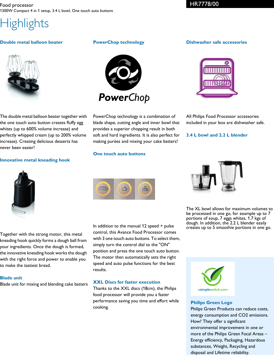 Philips HR7778/00 Food Processor User Manual Leaflet
