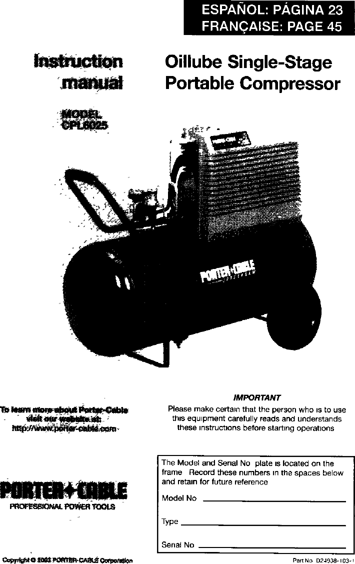 Porter Cable CPL6025 User Manual OILLUBE COMPRESSOR Manuals And Guides