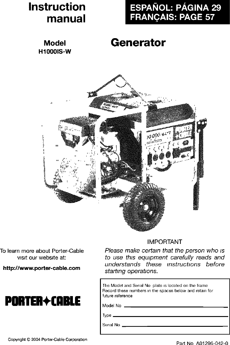 Porter Cable H1000IS W User Manual GENERATOR Manuals And Guides L0402322