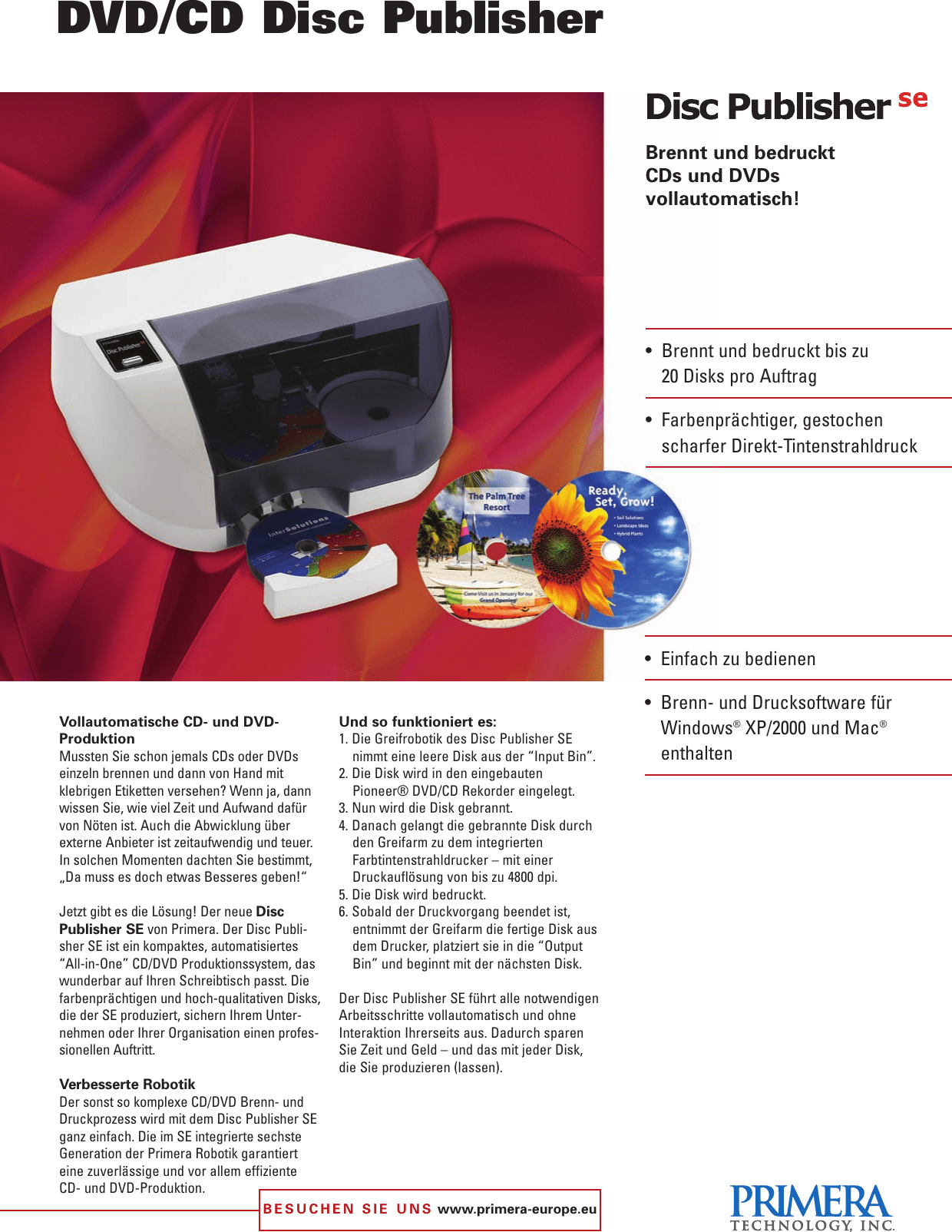 Primera Technology Disc Publisher Se Users Manual DPSE Brochure Deutsch