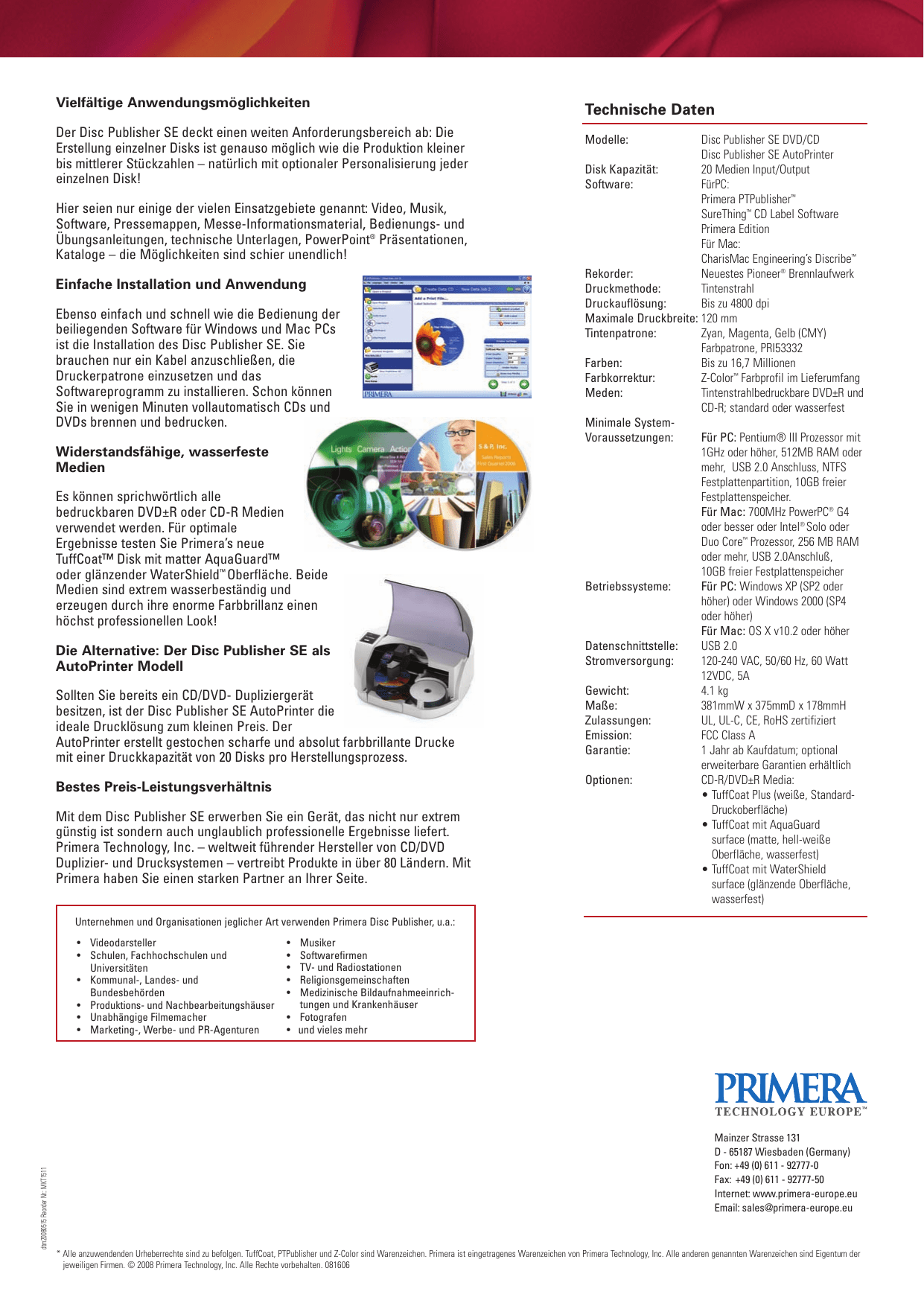 Primera Technology Disc Publisher Se Users Manual DPSE Brochure Deutsch