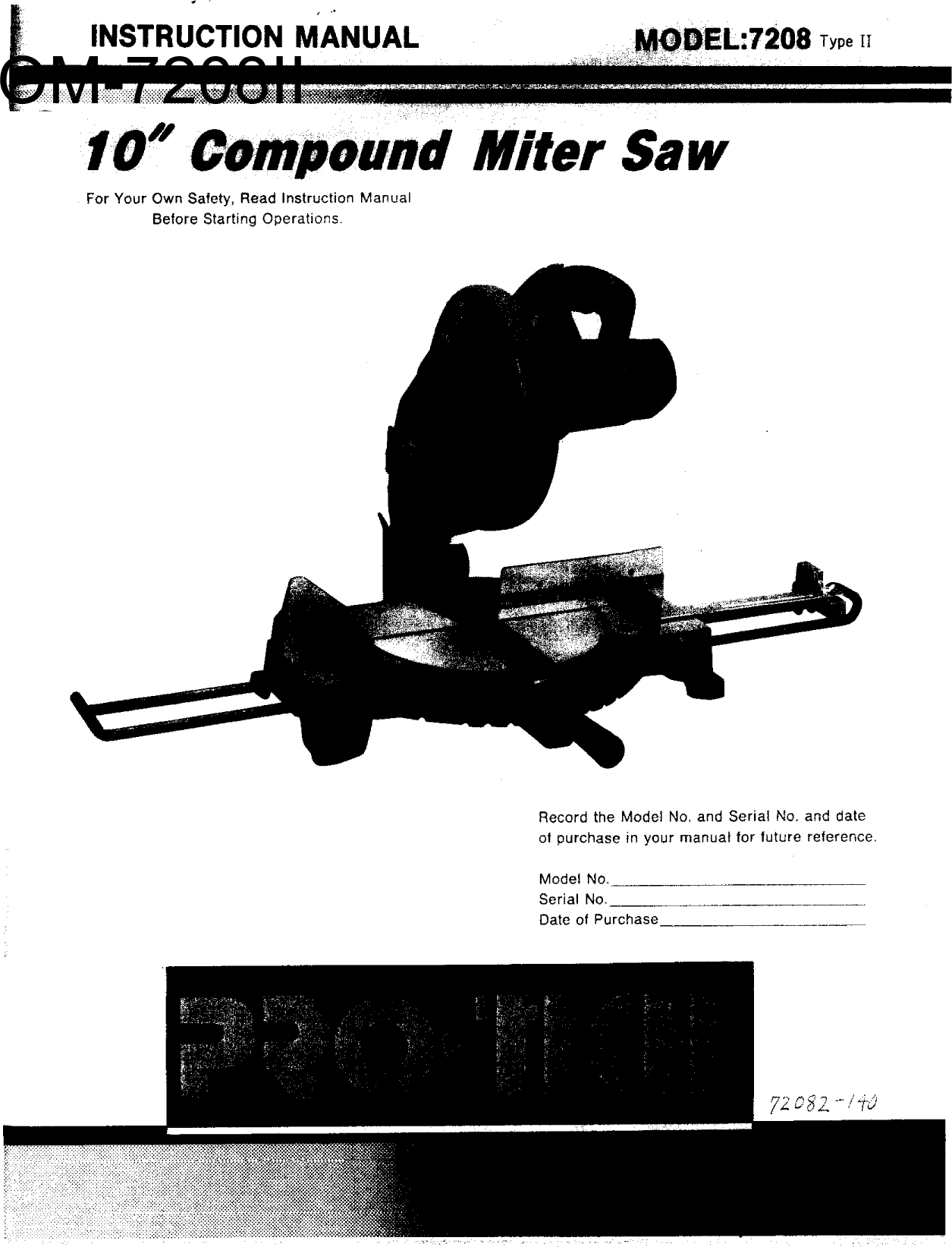 Pro Tech 7208 TYPE 2 User Manual COMPOUND MITER SAW Manuals And Guides