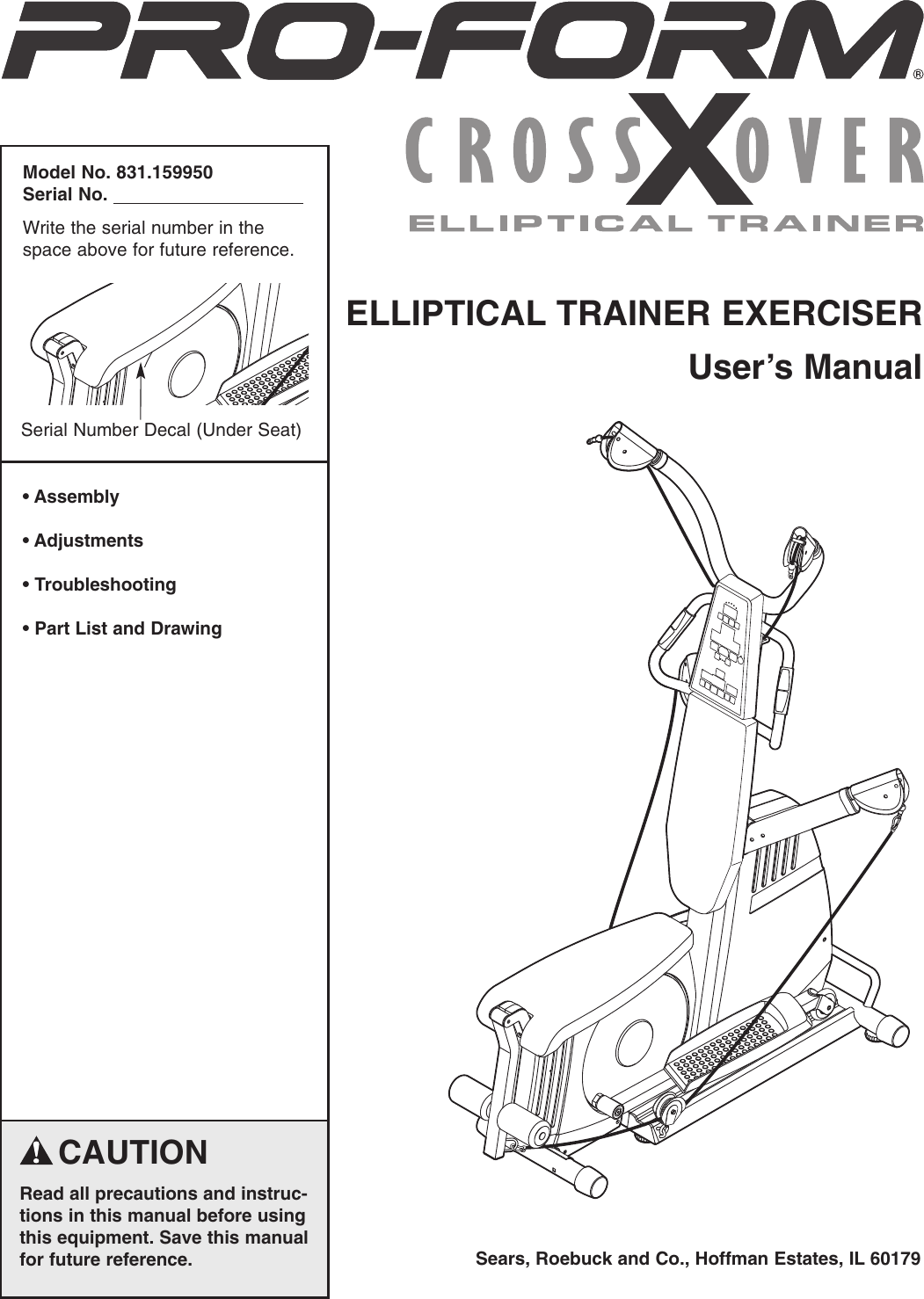 Proform 159950 Crossover Elliptical Trainer Users Manual WESY39240 212817