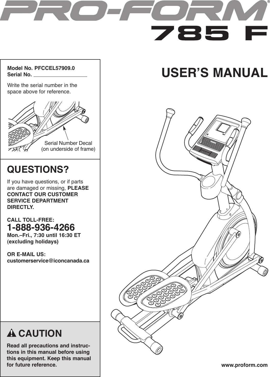 Proform Pfccel579090 I Series 785 F Elliptical Users Manual 285430