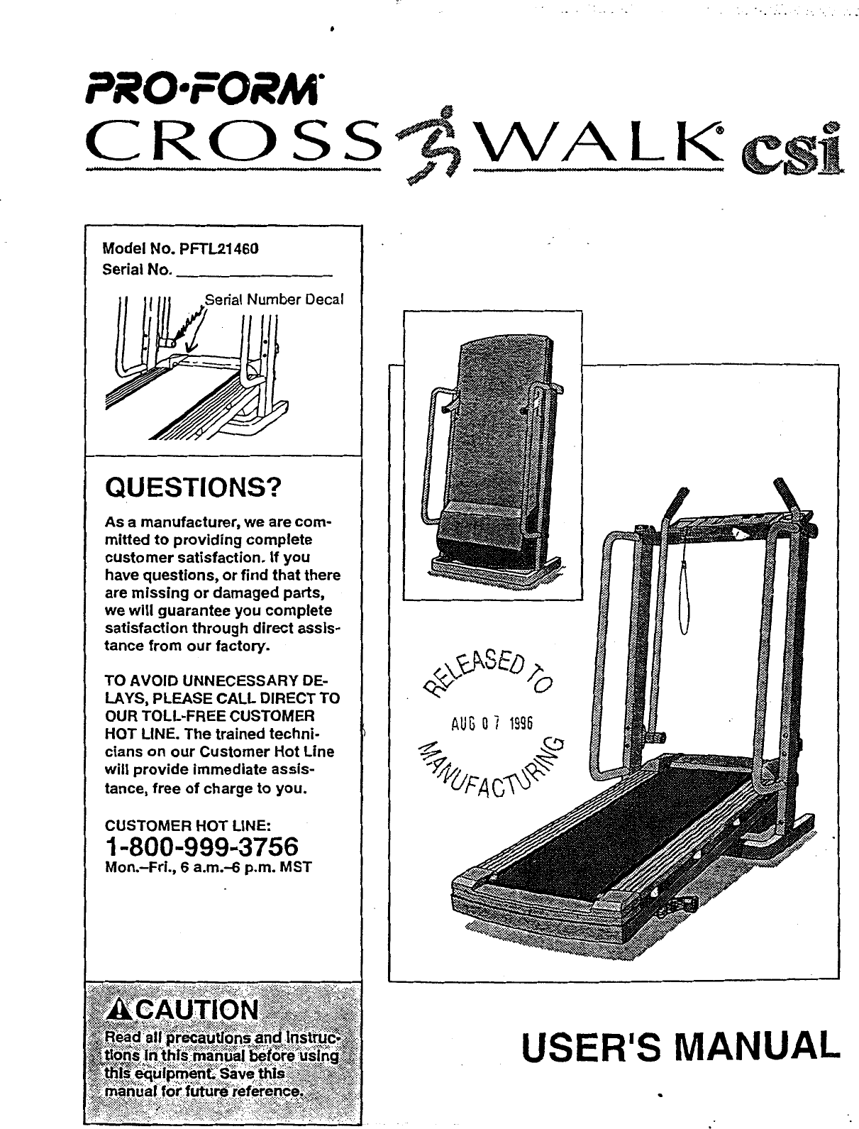 Proform Pftl21460 Crosswalk Csi Treadmill Users Manual