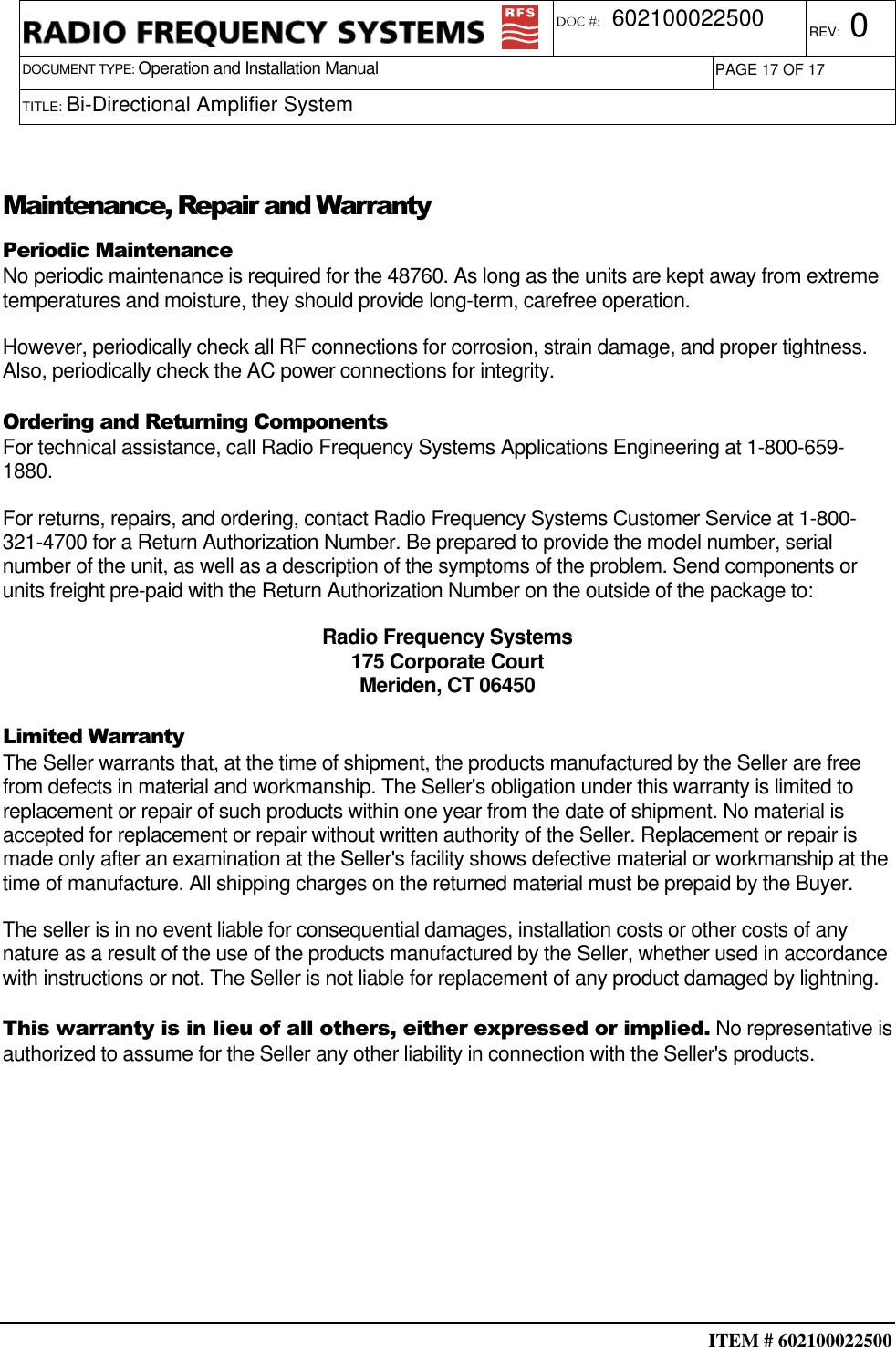 Radio Frequency Systems 48760 BiDirectional Booster User Manual