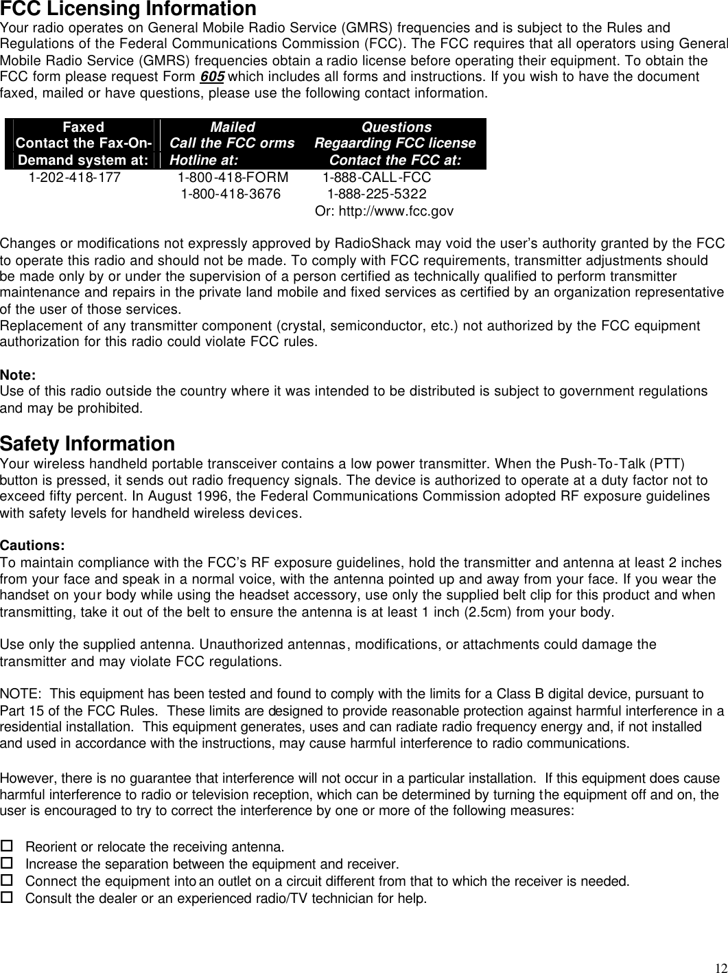 Radio Shack 2101905 22 Channel GMRS/FRS 2Way Radio User Manual manual