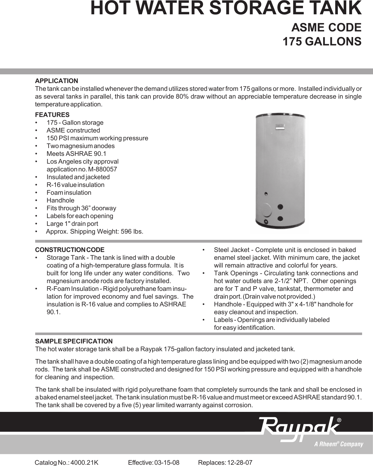 Raypak Hot Water Storage Tank Asme Code Users Manual 4000.21k.pmd