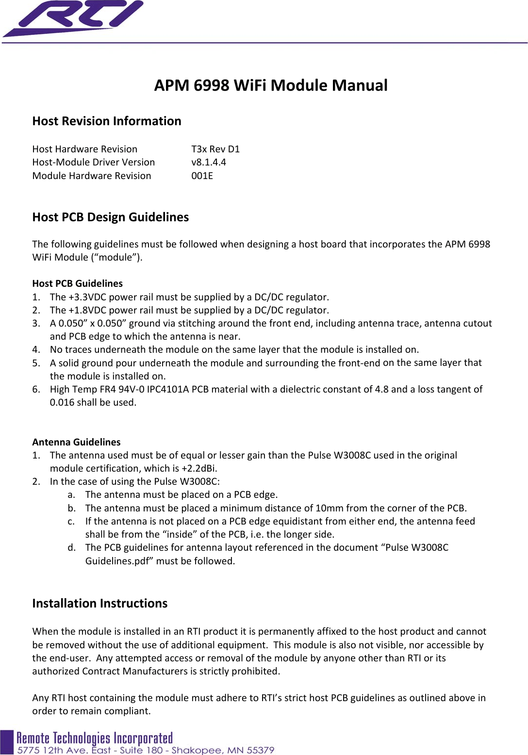 Remote Technologies RTI2100 APM 6998 WiFi Module User Manual