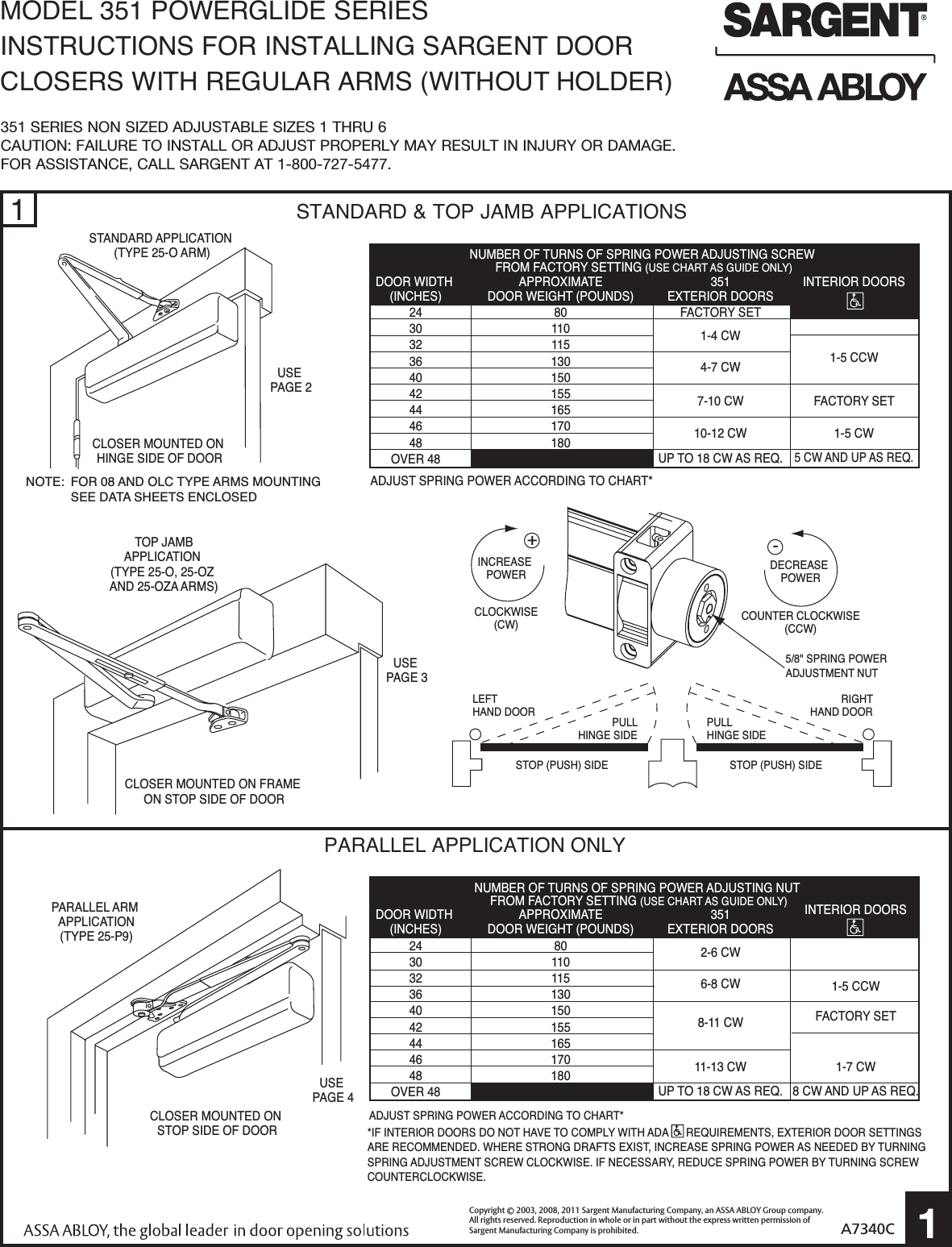 Sargent Instructions For Installing 351 Series Door Closers With 'O'/UO
