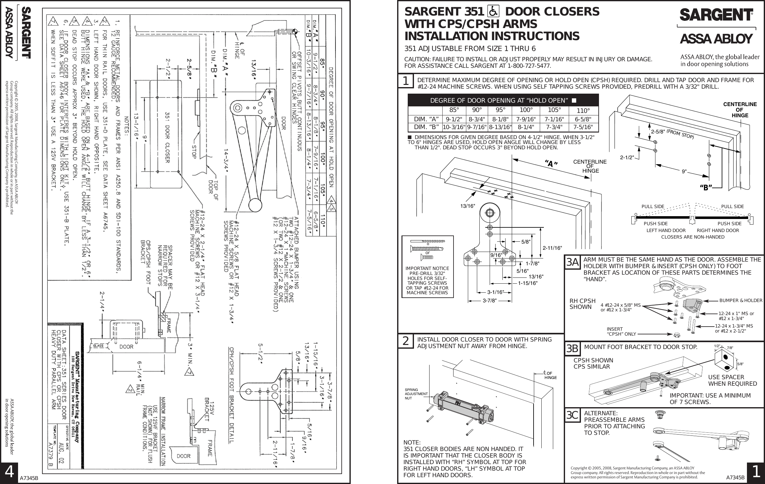 Sargent 351 Series Door Closers With CPS & CPSH Holder Arms