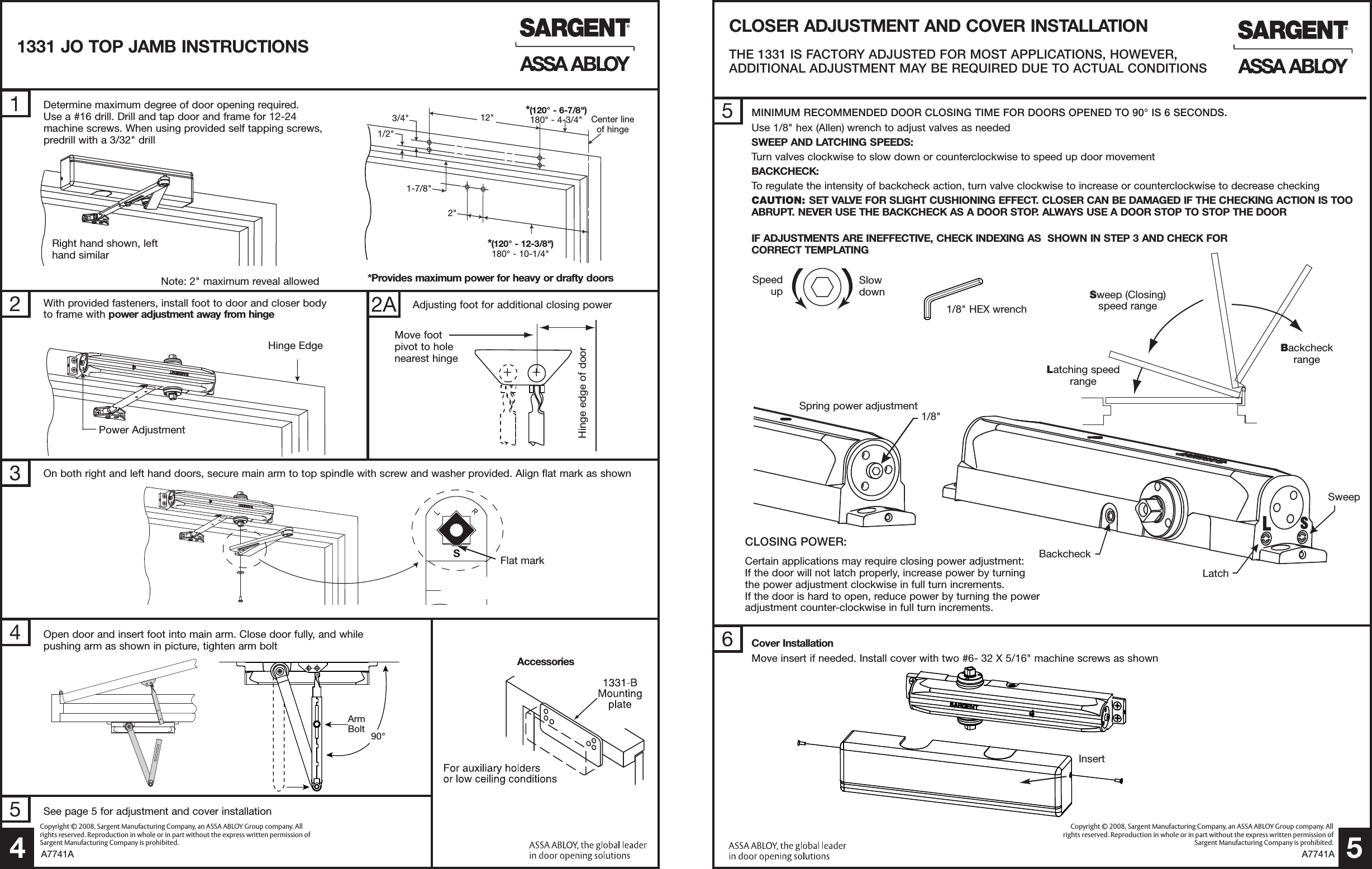Sargent A7741A 1331 Series Door Closer Installation Instructions With