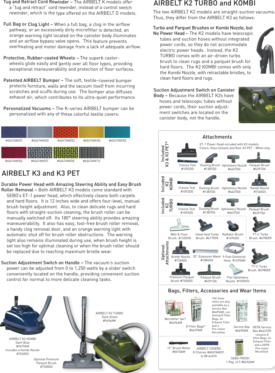Sebo K3 PET AIRBELT K Canister Vacuum Cleaner Brochure 2015. User