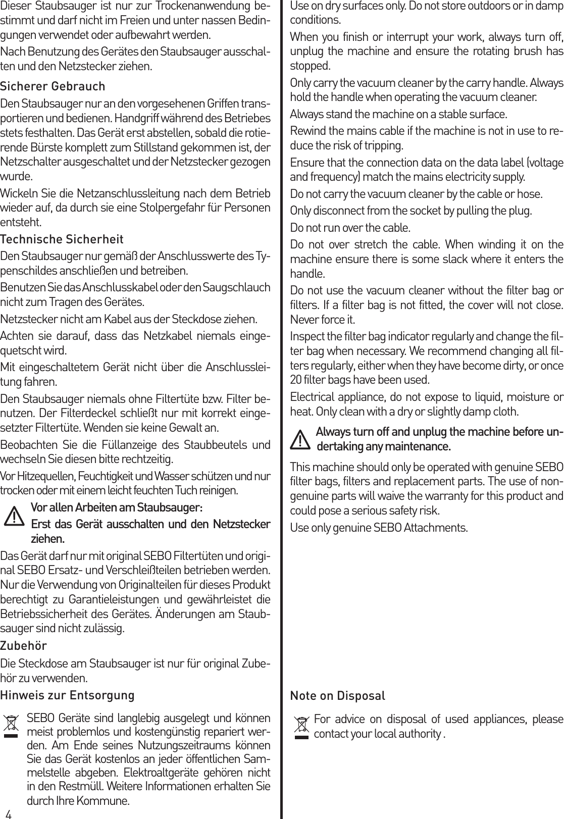 Sebo Vacuum Cleaner G1 Users Manual