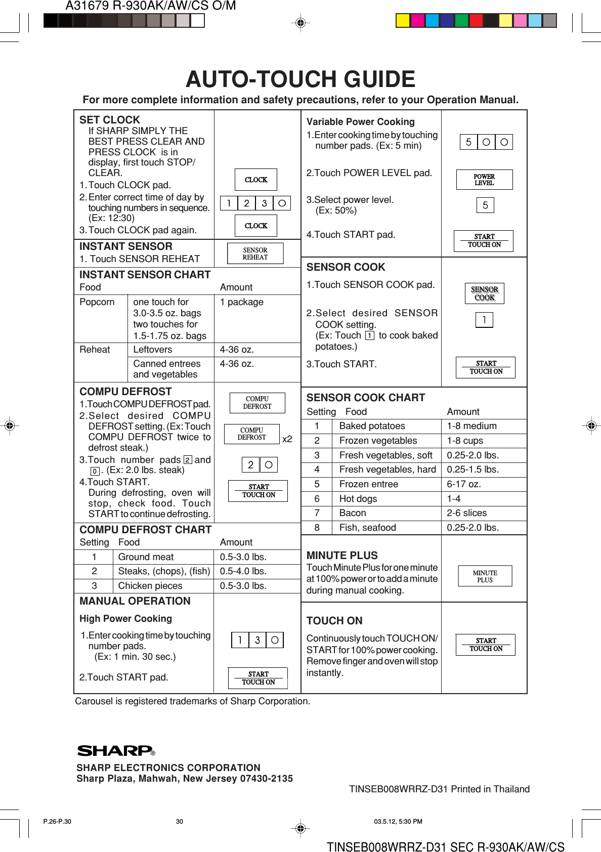 Sharp DMR0153 Household Microwave Oven User Manual R 930AK R 930AW R930CS