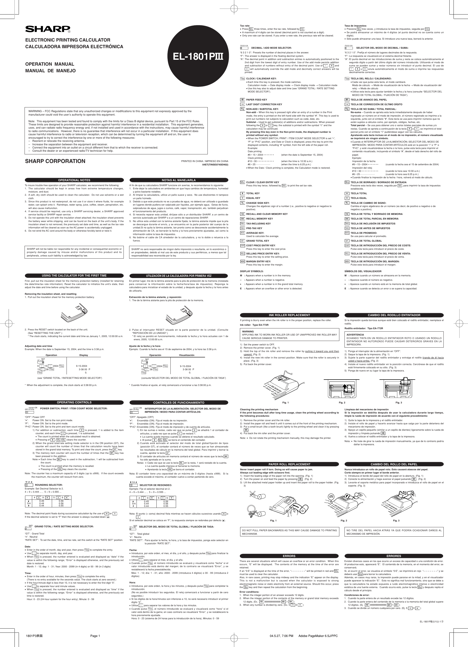 Sharp El 1801Piii Operation Manual