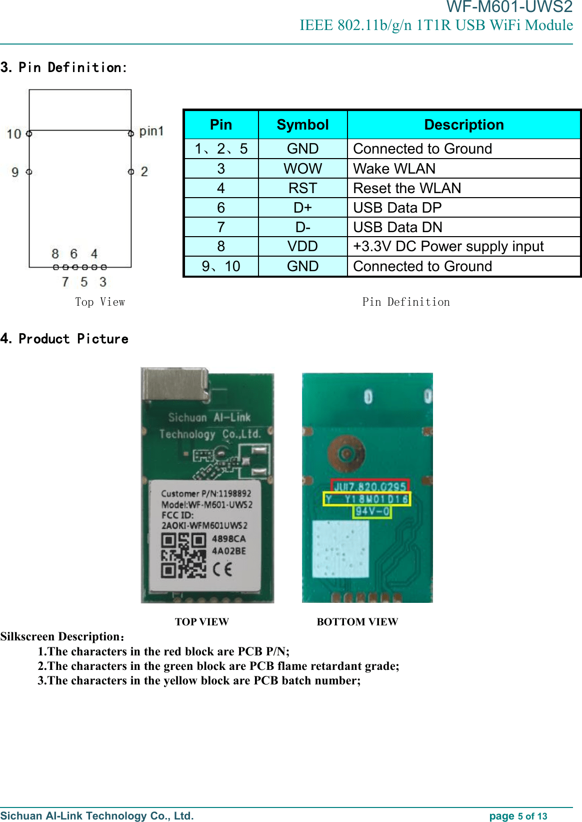 Sichuan AI Link Technology WFM601UWS2 Wireless Module User Manual