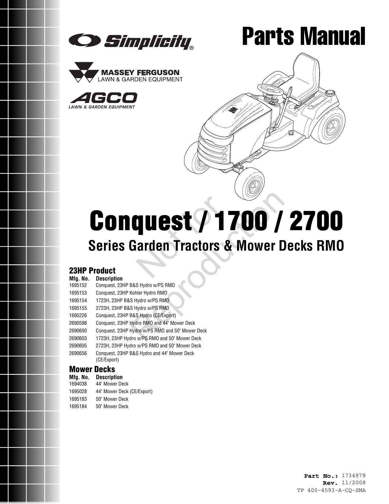 Simplicity Conquest 2700 Parts Manual / 1700 Series Garden Tractors