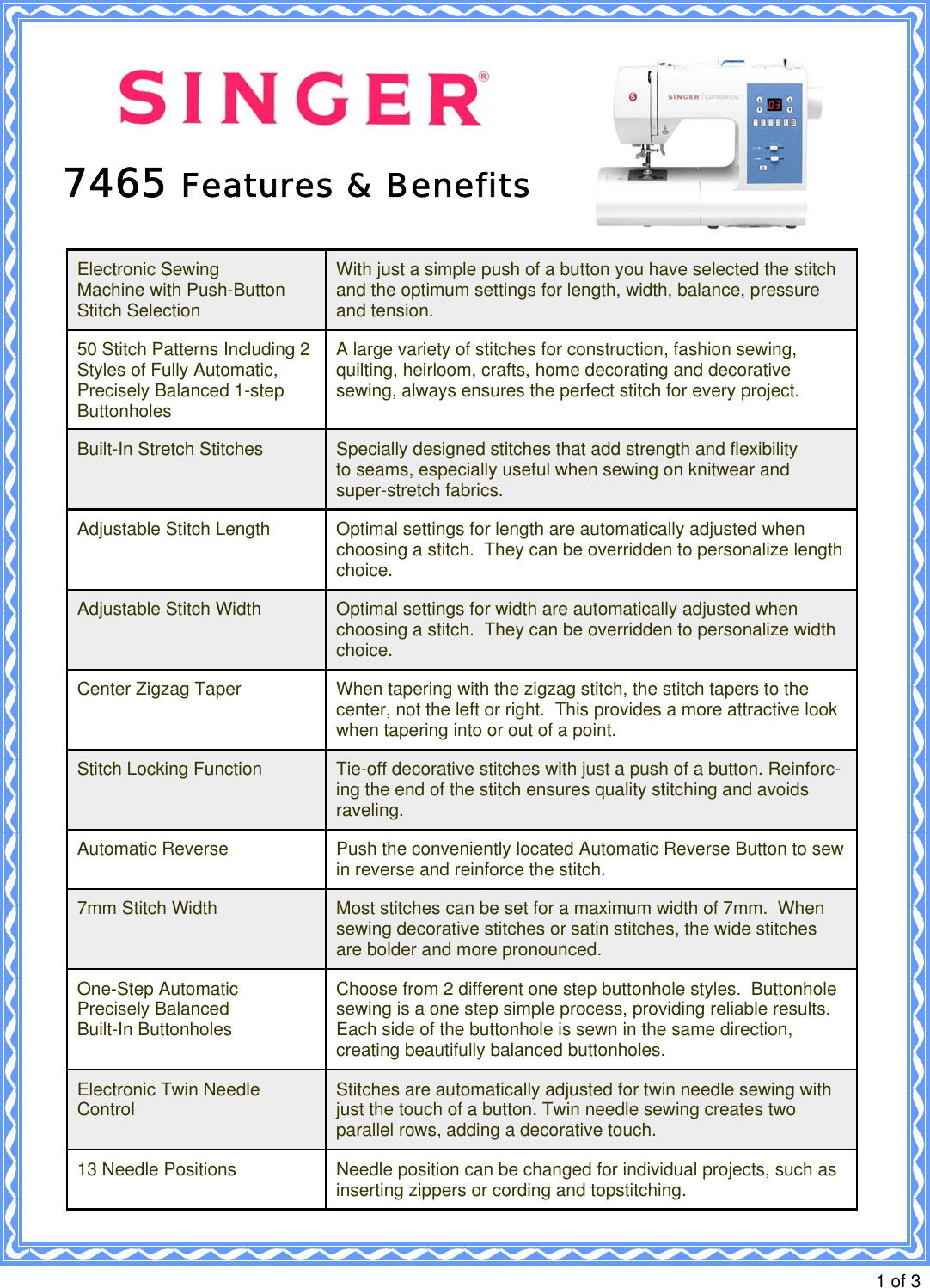 Singer 7465 Confidence Product Sheet Singer7465 F b Chart 4 06 09