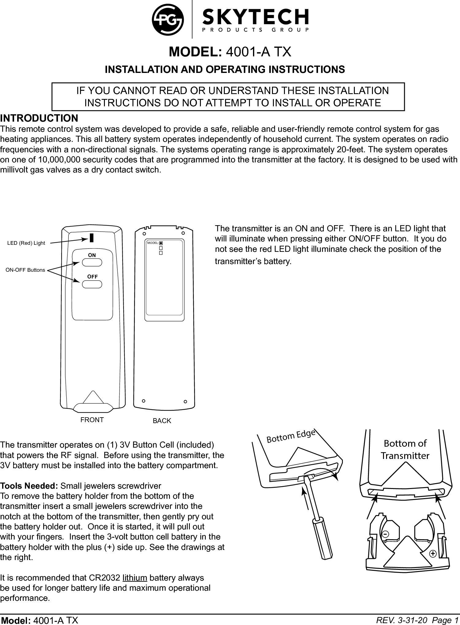 Skytech II 4001ATX Wireless Remote Controller (TX) User Manual