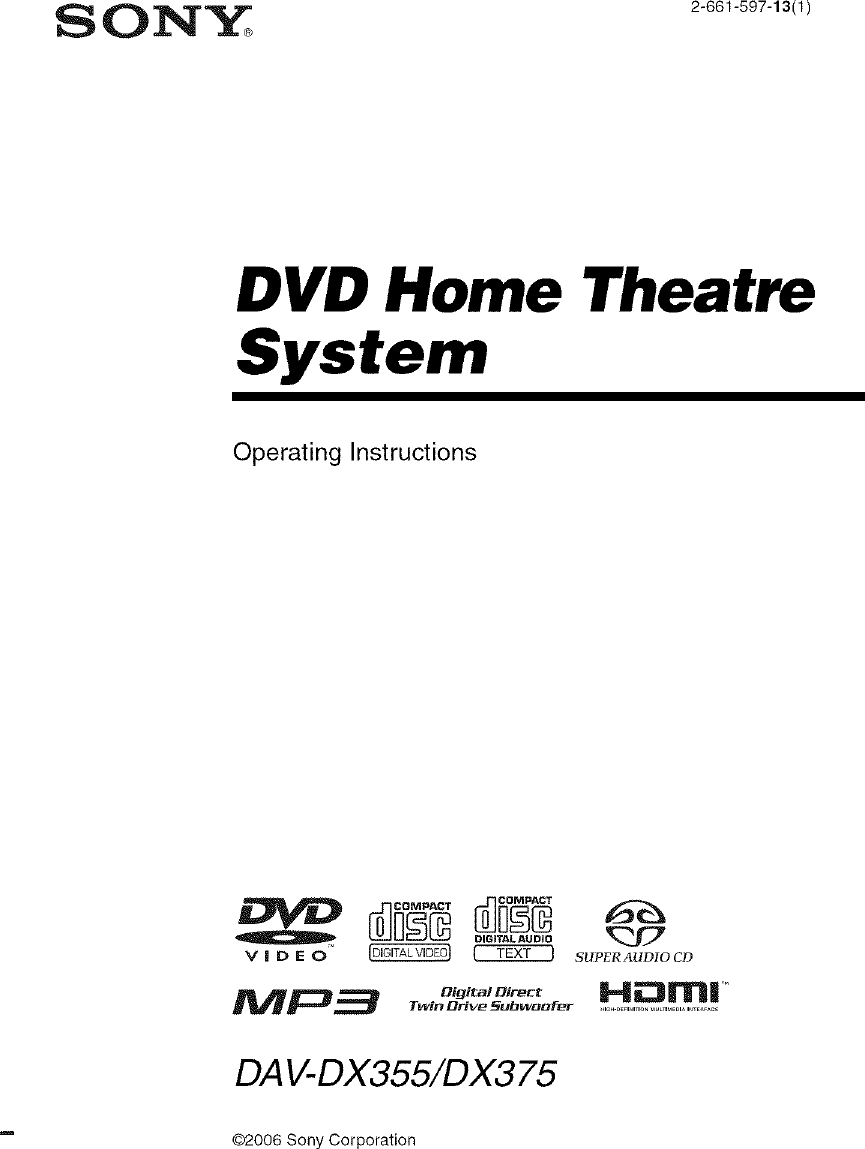 Sony DAV DX375 User Manual DVD HOME THEATER SYSTEM Manuals And Guides