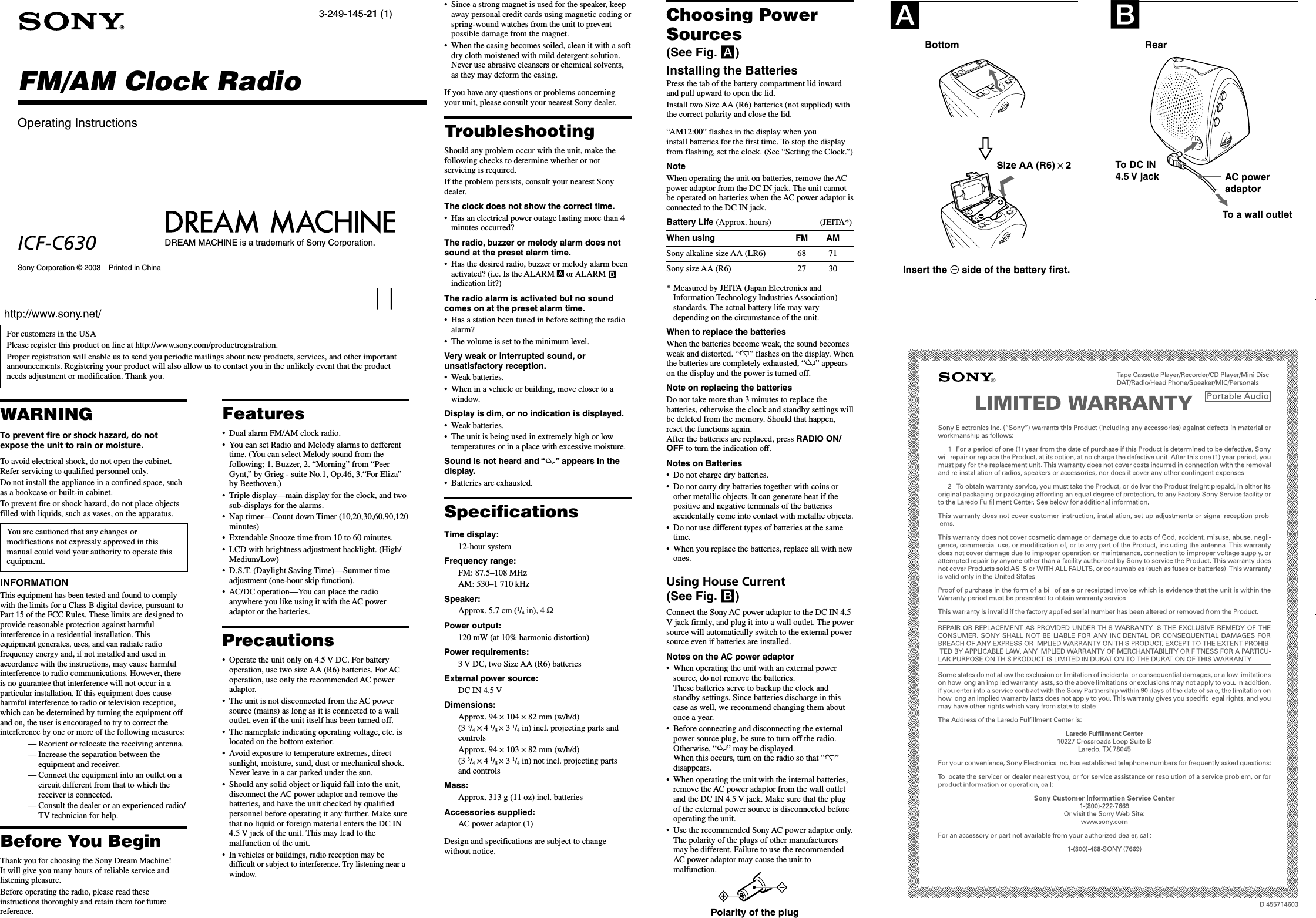 Sony ICF C630 User Manual Operating Instructions ICFC630