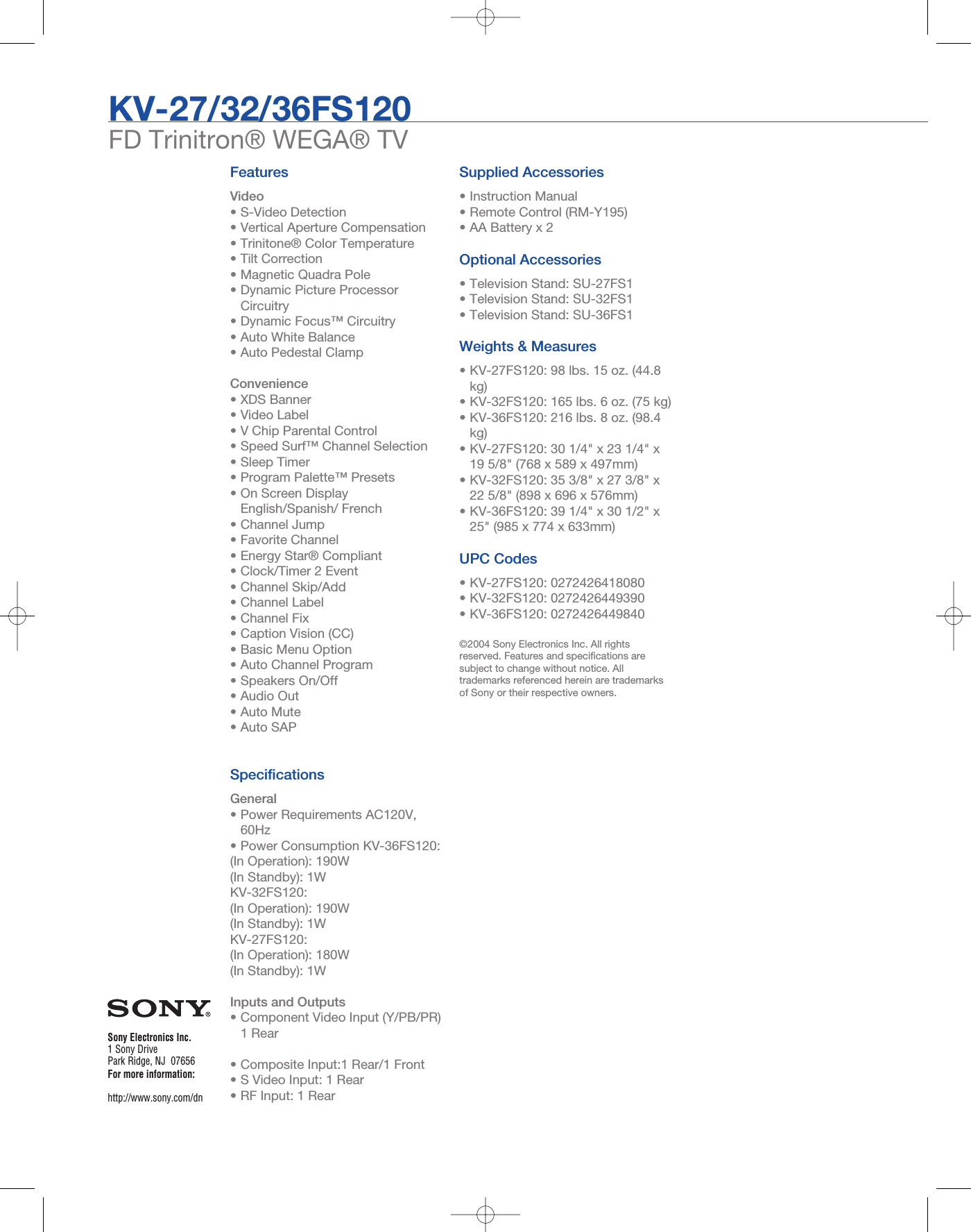 Sony KV 27FS120 User Manual Marketing Specifications KV27FS120 Mksp