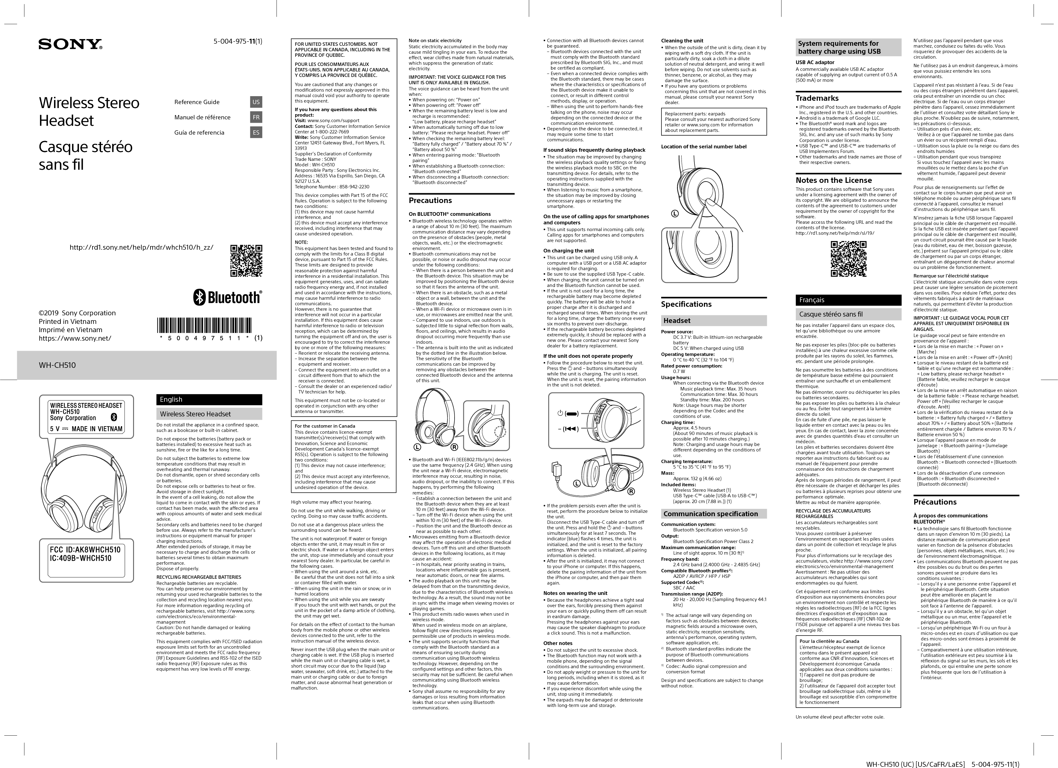Sony WHCH510 WIRELESS STEREO HEADSET User Manual WH CH510