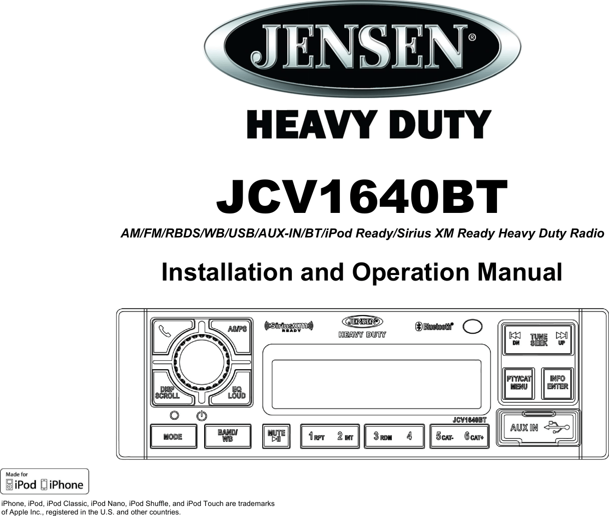 Sounding Audio JCV1640BT AM/FM/RBDS/WB/USB/AUXIN/BT/iPod Ready/ Sirius