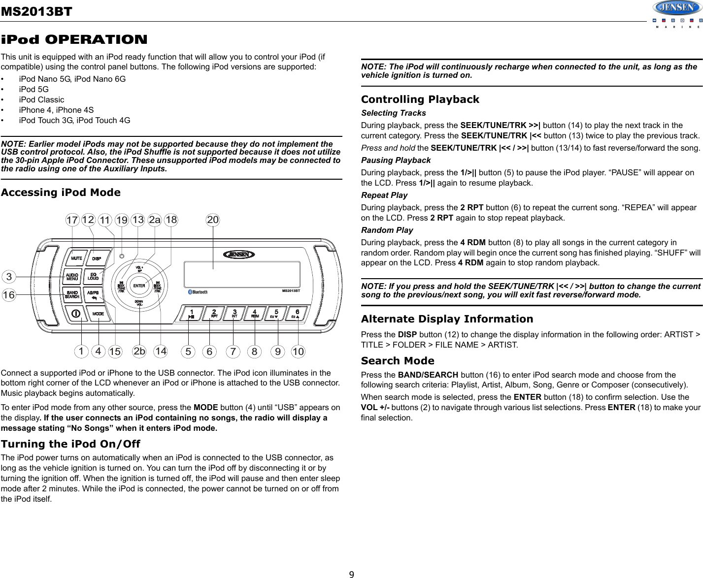Sounding Audio MS2013BT Jensen Marine AM/FM/USB/Bluetooth User Manual