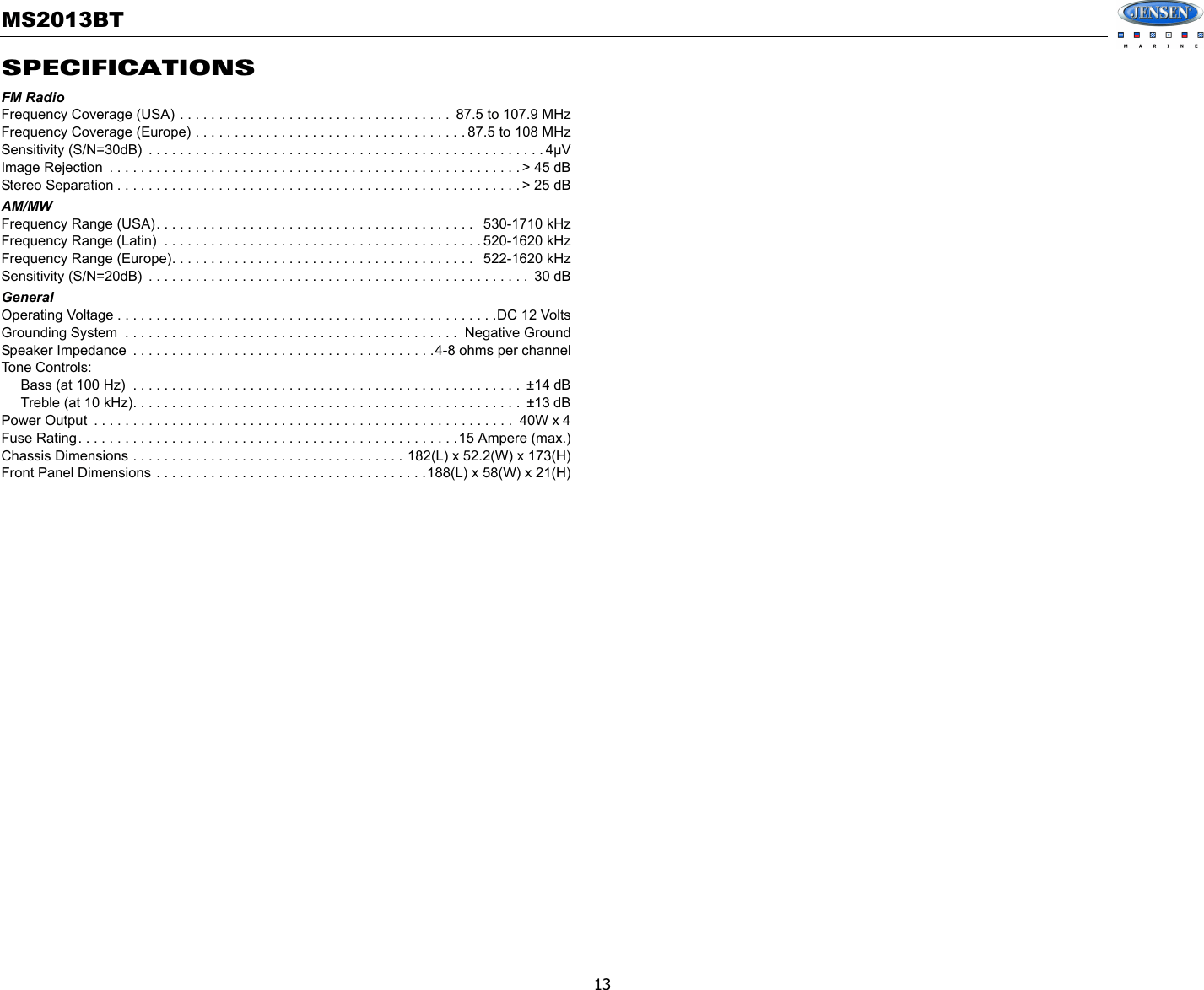 Sounding Audio MS2013BT Jensen Marine AM/FM/USB/Bluetooth User Manual
