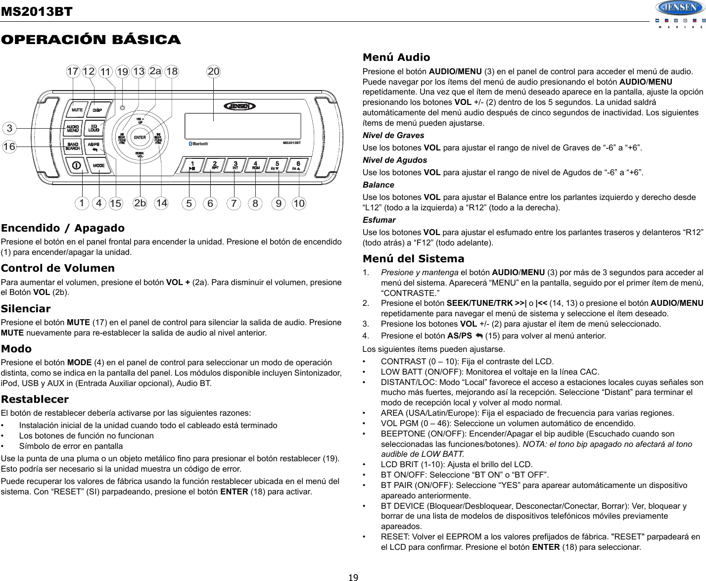 Sounding Audio MS2013BT Jensen Marine AM/FM/USB/Bluetooth User Manual