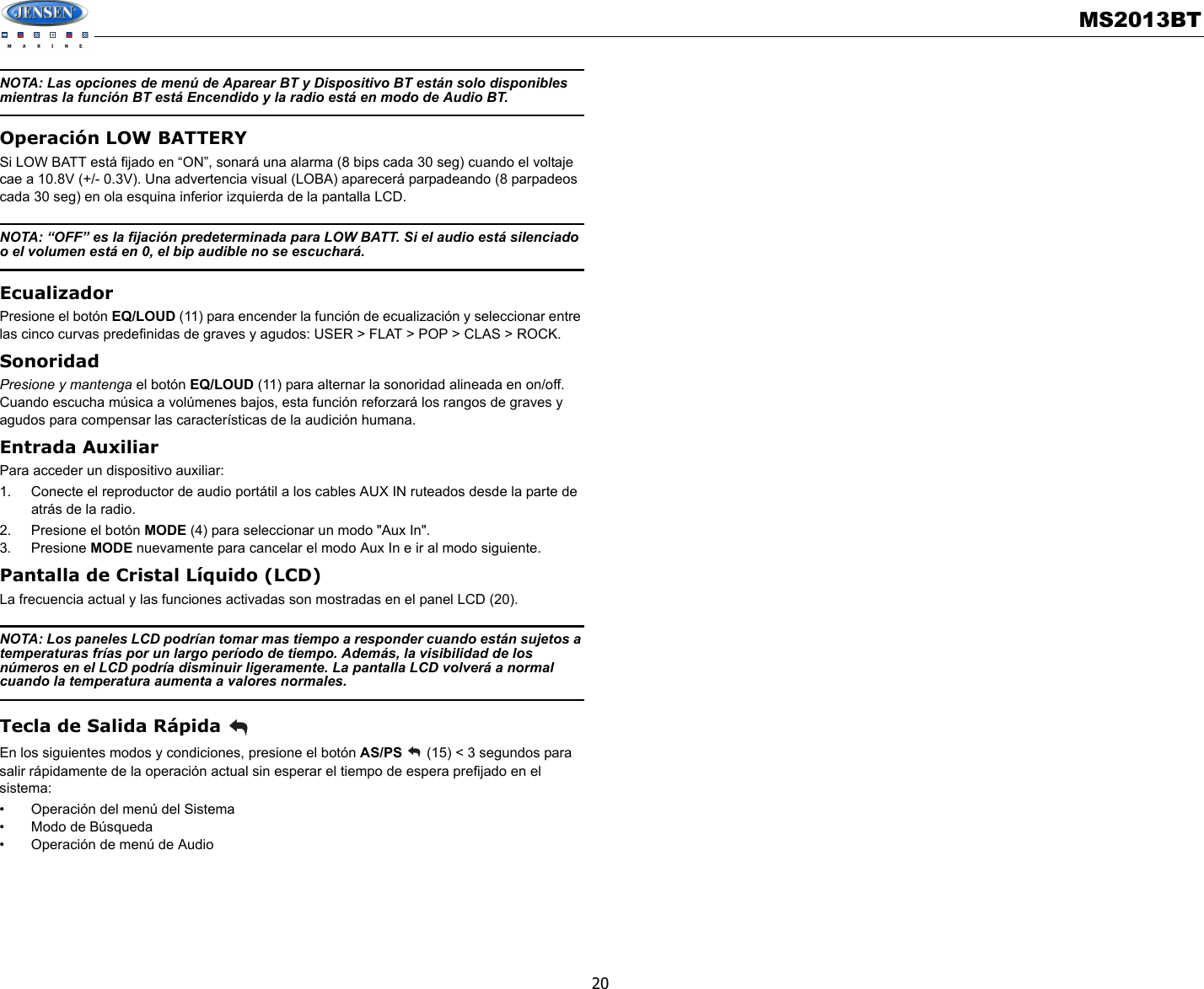 Sounding Audio MS2013BT Jensen Marine AM/FM/USB/Bluetooth User Manual