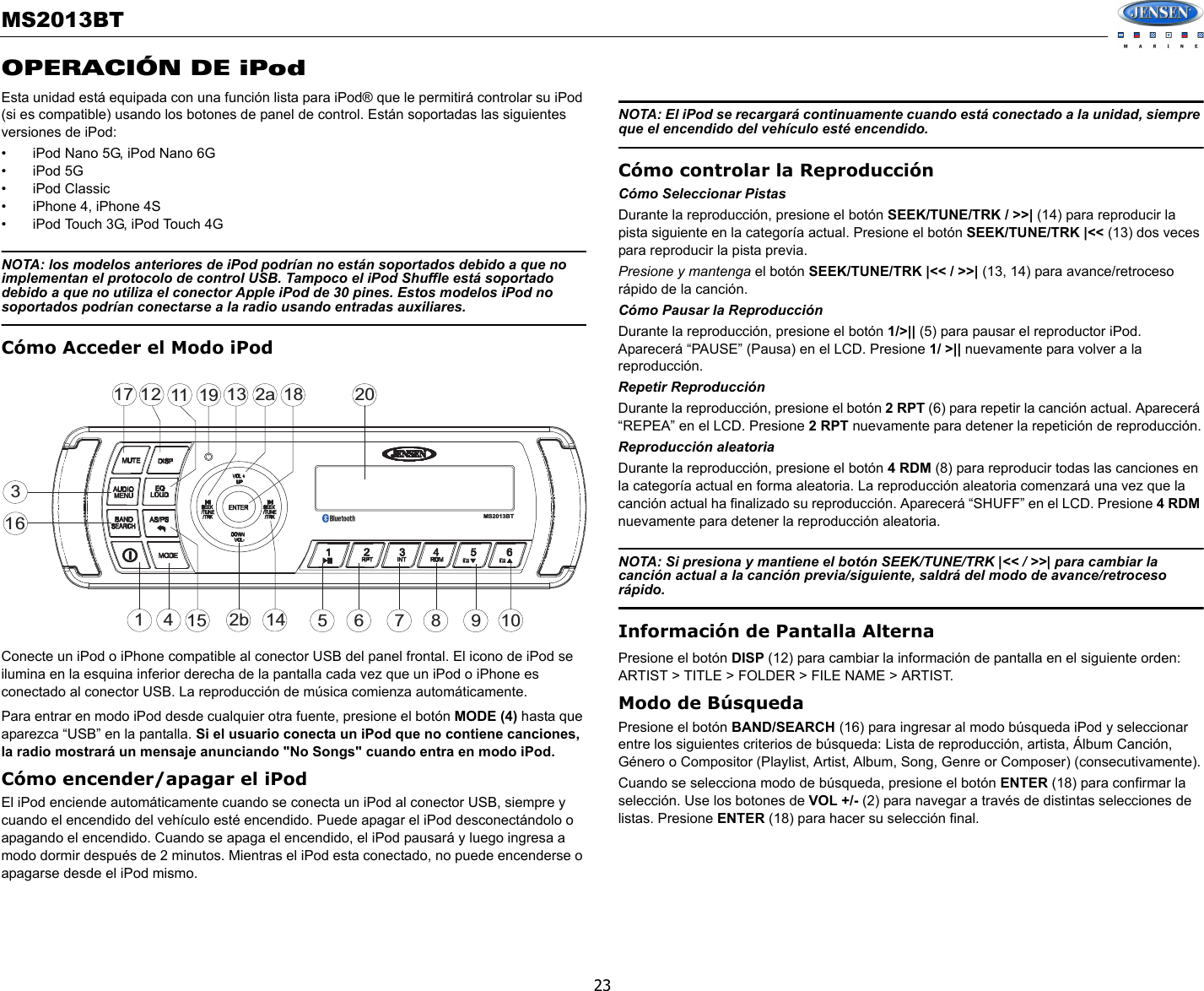 Sounding Audio MS2013BT Jensen Marine AM/FM/USB/Bluetooth User Manual