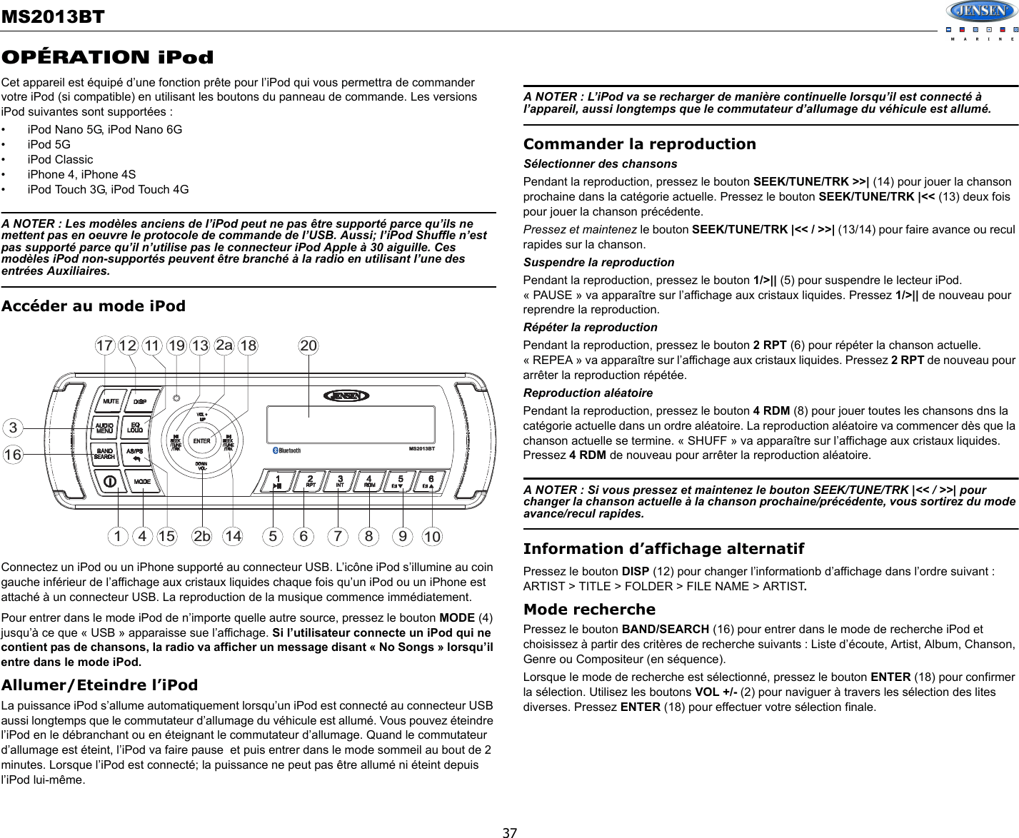 Sounding Audio MS2013BT Jensen Marine AM/FM/USB/Bluetooth User Manual