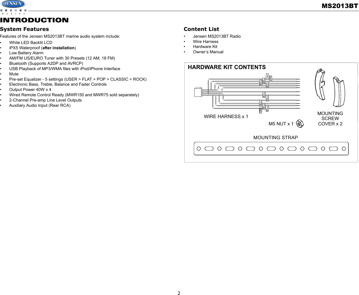 Sounding Audio MS2013BT Jensen Marine AM/FM/USB/Bluetooth User Manual