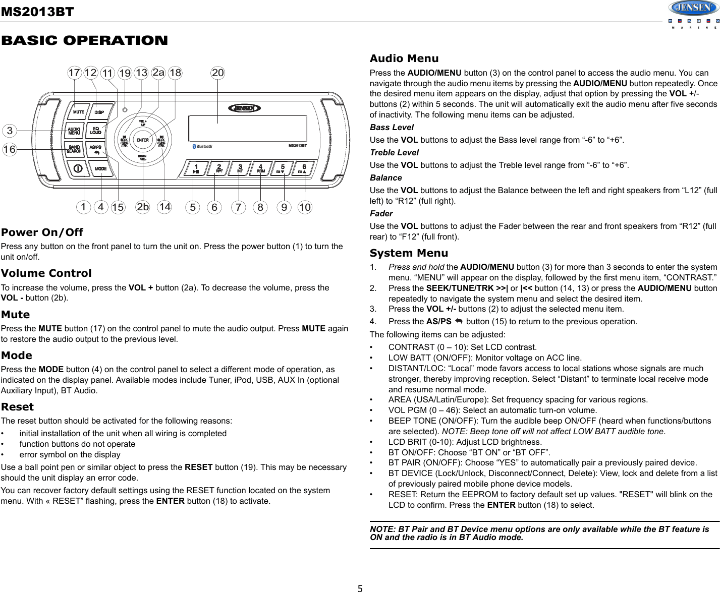 Sounding Audio MS2013BT Jensen Marine AM/FM/USB/Bluetooth User Manual