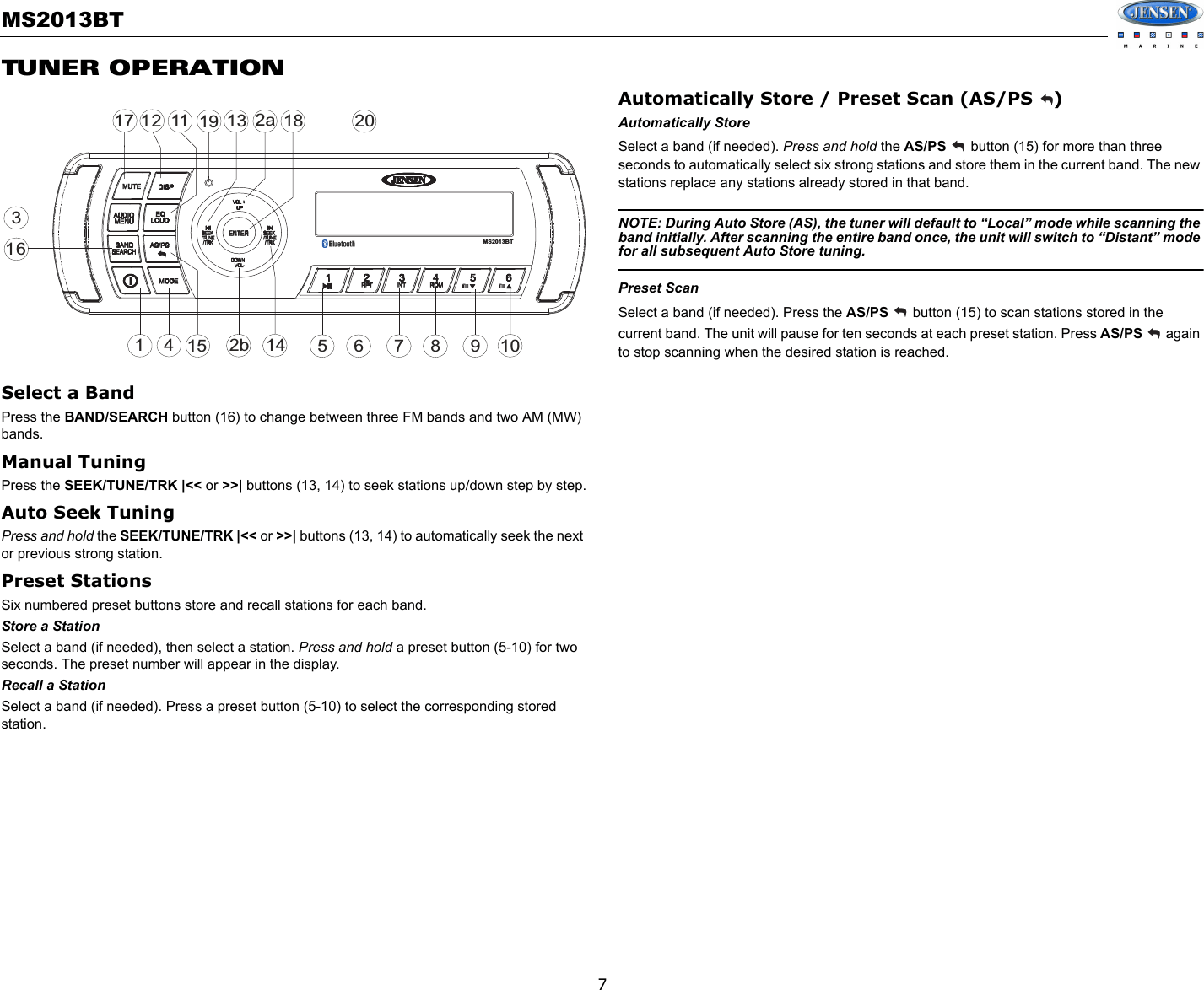 Sounding Audio MS2013BT Jensen Marine AM/FM/USB/Bluetooth User Manual