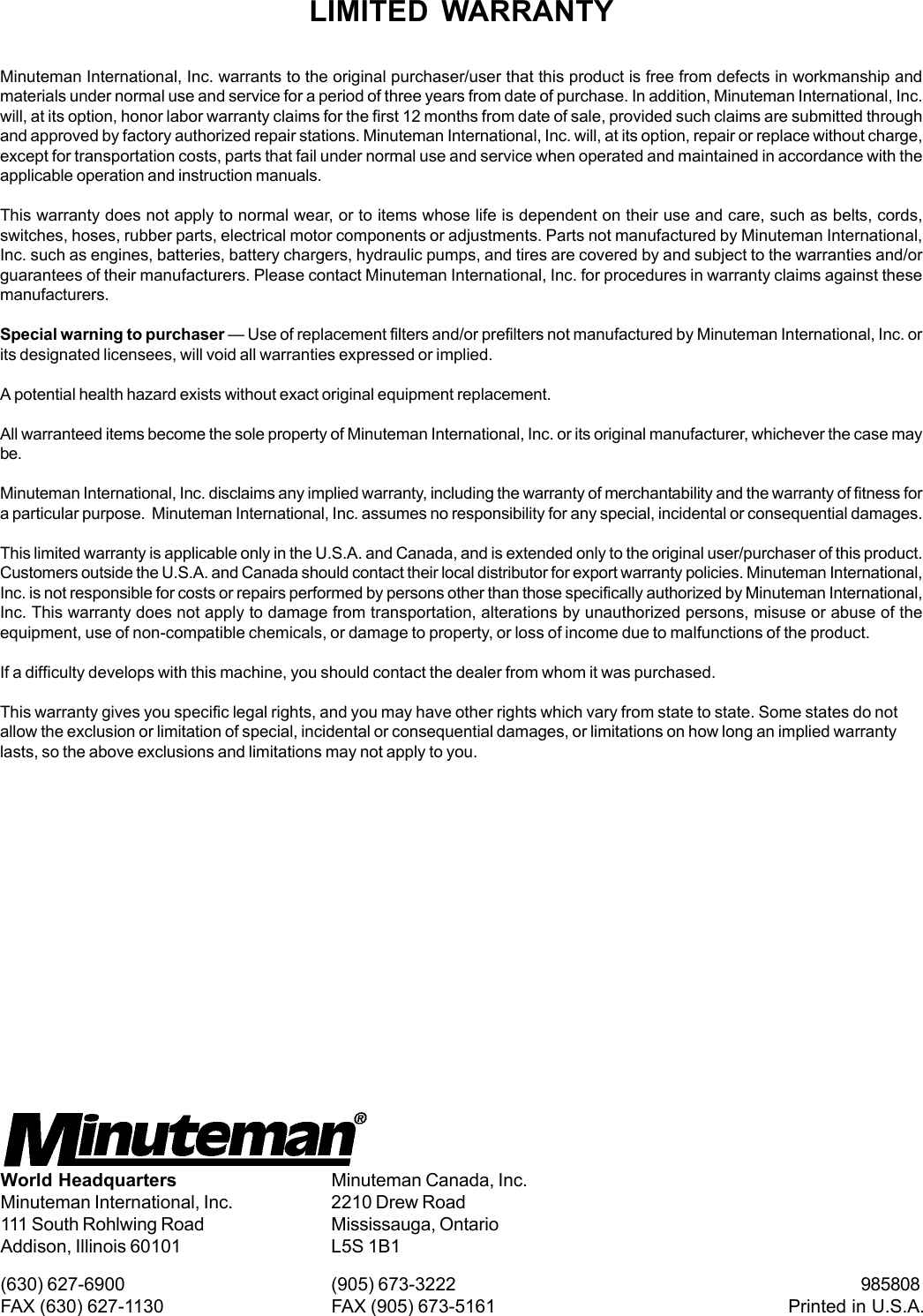 985808, Ambass JR .p65 Minuteman ambassador carpet extractor parts and